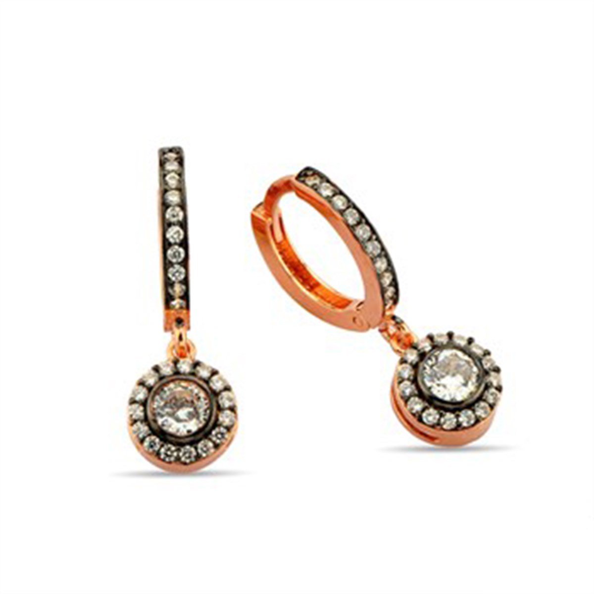 Tek Taş Zirkon Taşlı Roz Kaplamalı Gümüş Halka Klipsli Küpe