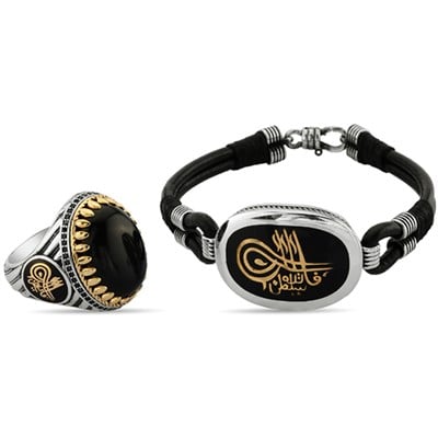 Tuğralı 925 Ayar Gümüş Erkek Yüzük ve Deri Erkek Bileklik