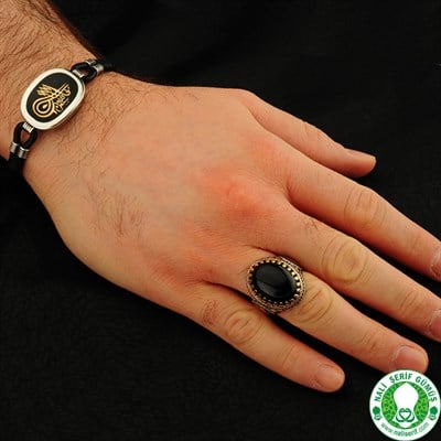 Tuğralı 925 Ayar Gümüş Erkek Yüzük ve Deri Erkek Bileklik