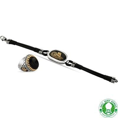 Tuğralı 925 Ayar Gümüş Erkek Yüzük ve Deri Erkek Bileklik