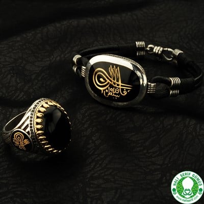 Tuğralı 925 Ayar Gümüş Erkek Yüzük ve Deri Erkek Bileklik