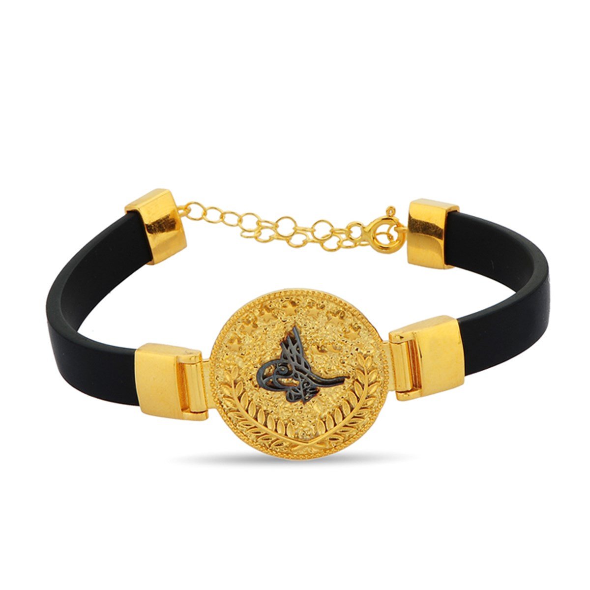 Tuğralı Altın Kaplama Kauçuk Kordonlu 925 Ayar Gümüş Bileklik