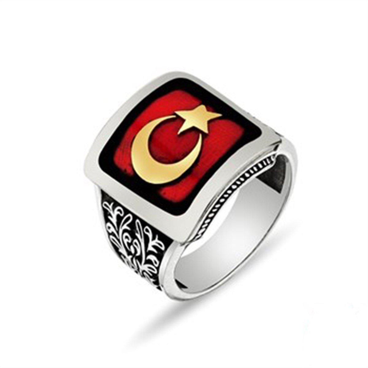 Türk Bayrağı Ay Yıldız Kare 925 Ayar Gümüş Erkek Yüzük