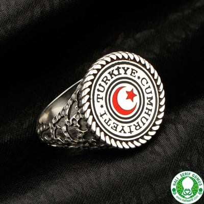 Türkiye Cumhuriyeti Devleti Mührü Ay Yıldız Türk Bayrağı 925 Ayar Gümüş Erkek Yüzüğü