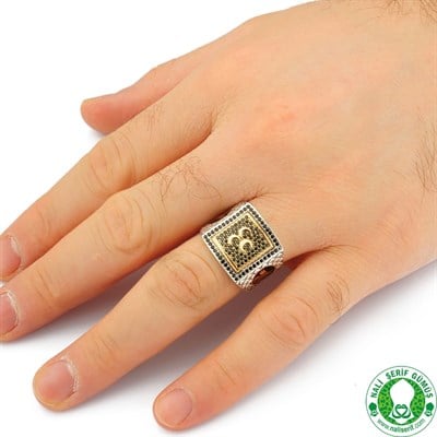 Üç Hilal Onxy Zirkon Taşlı 925 Ayar Gümüş Erkek Yüzük