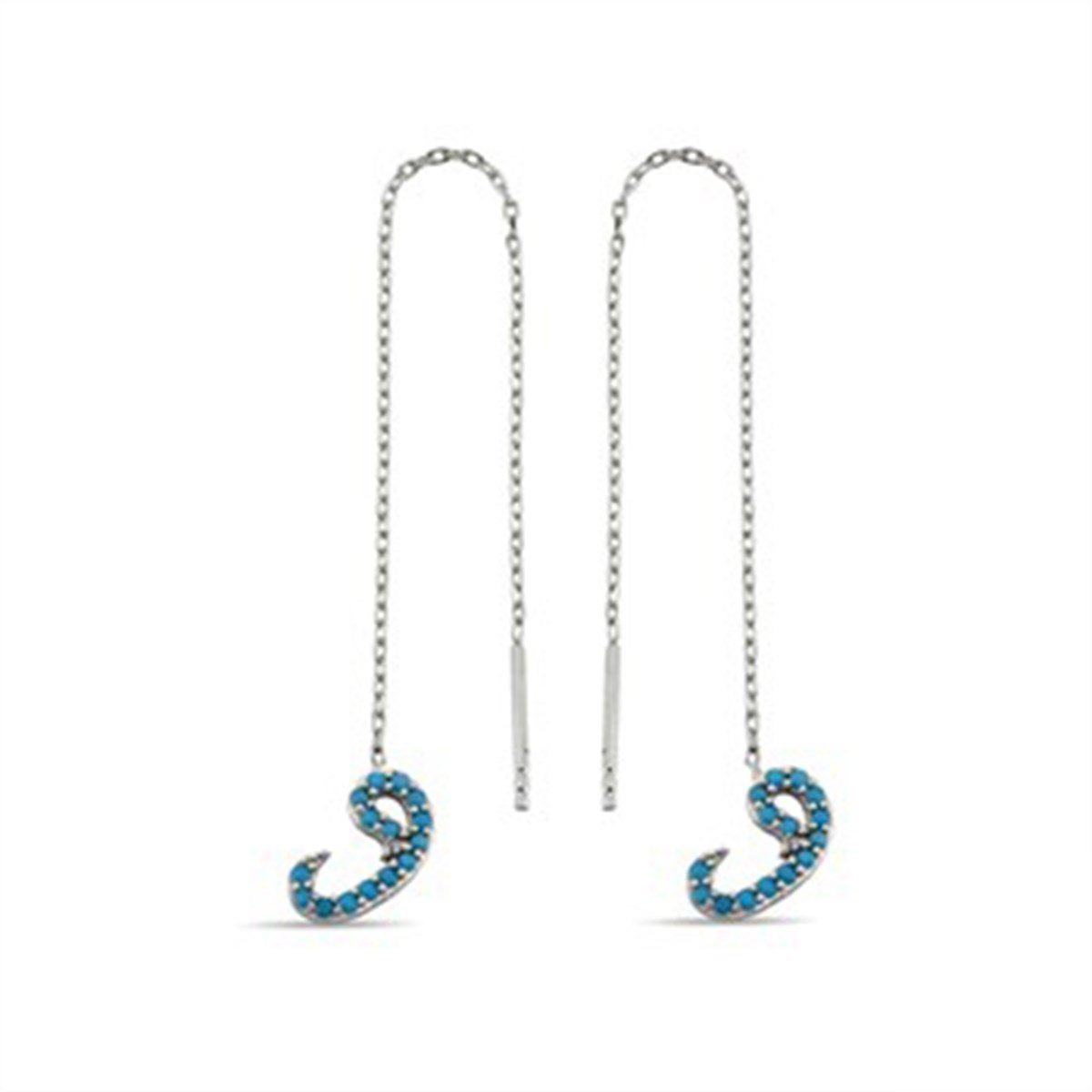 Vav Firuze Turkuaz Taşlı Gümüş Zincirli Küpe