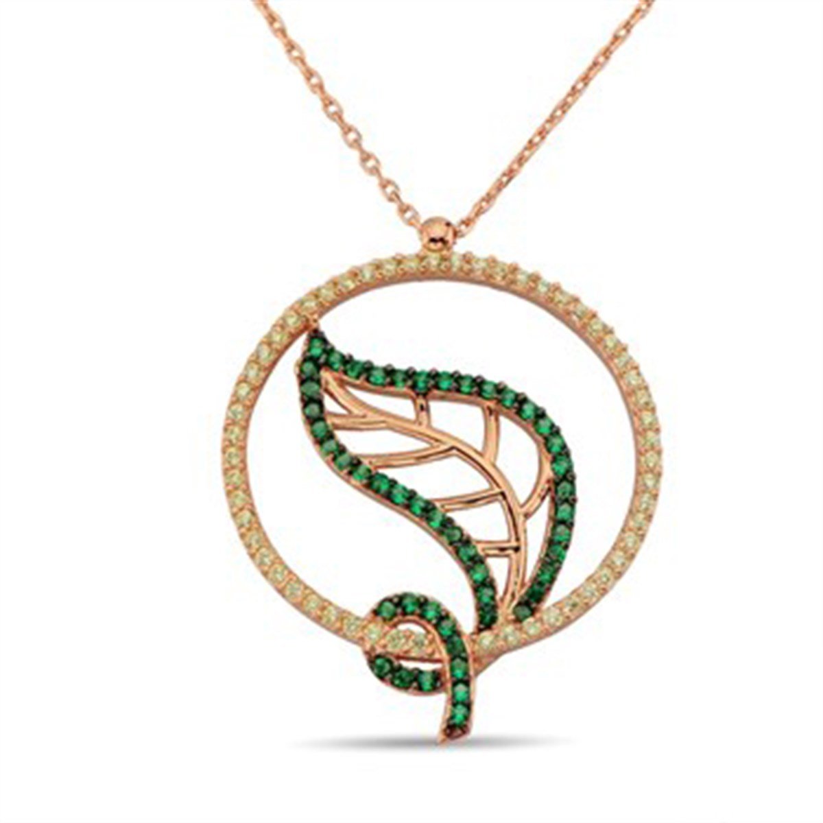 Yaprak Zümrüt Yeşil Taşlı Roz Kaplama 925 Ayar Gümüş Bayan Kolyesi