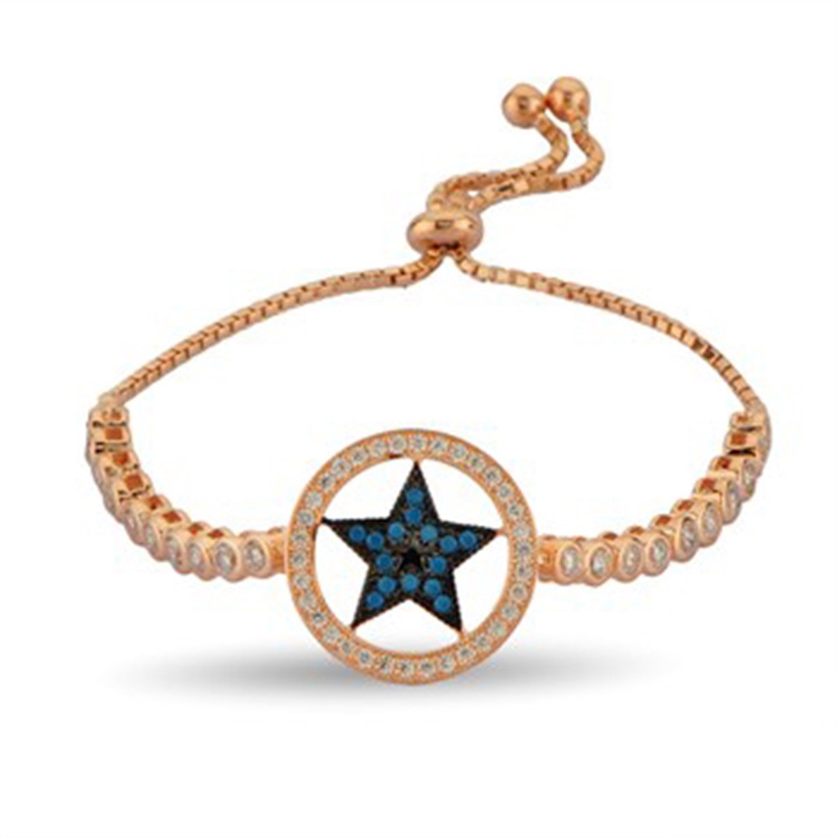 Yıldız Firuze Turkuaz Taşlı Roz Kaplamalı Ayarlanabilir Asansörlü Gümüş Bileklik