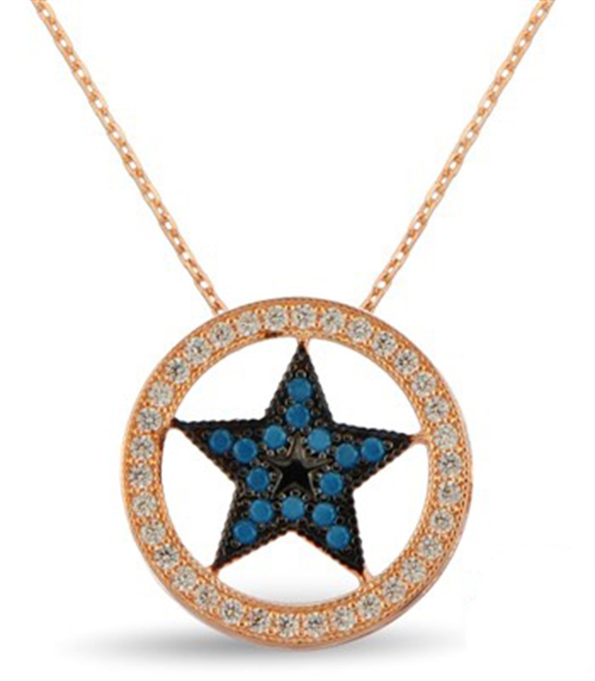 Yıldız Firuze Turkuaz Taşlı Roz Kaplamalı 925 Ayar Gümüş Bayan Kolye