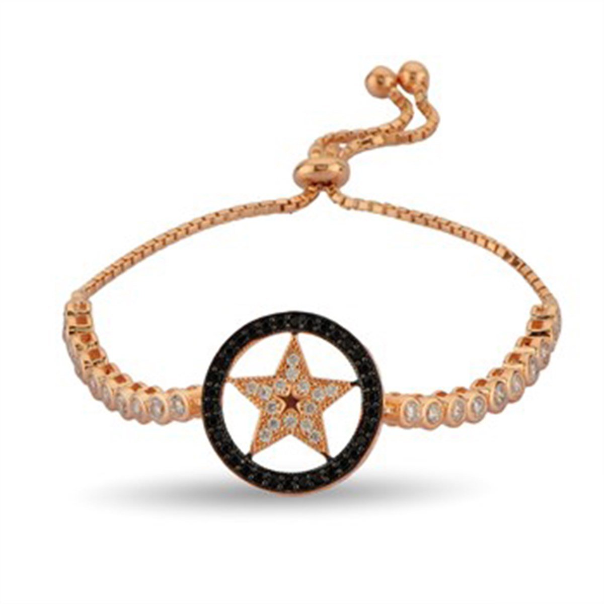 Yıldız Zirkon Taşlı Roz Kaplamalı Ayarlanabilir Asansörlü Gümüş Bileklik