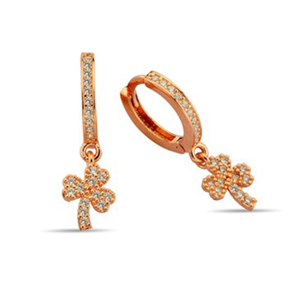 Yonca Zirkon Taşlı Roz Kaplamalı Gümüş Halka Klipsli Küpe