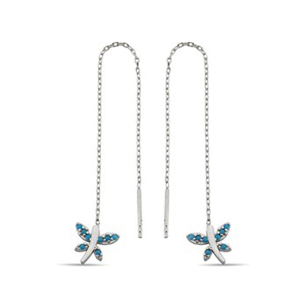 Yusufcuk Firuze Turkuaz Taşlı Gümüş Zincirli Küpe