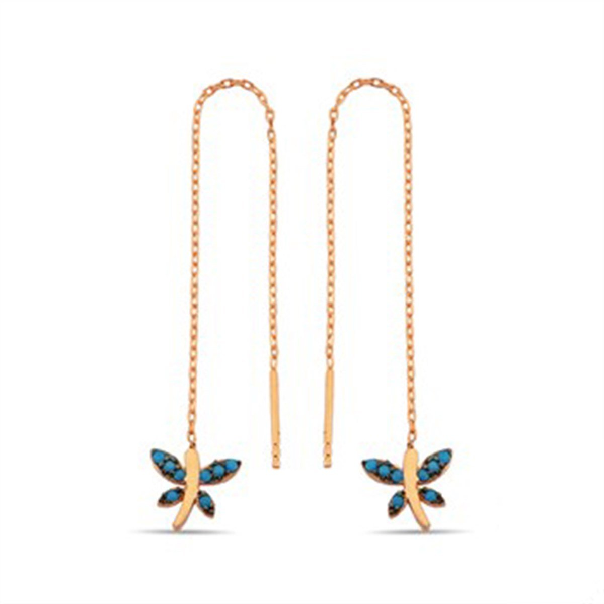 Yusufcuk Firuze Turkuaz Taşlı Roz Kaplamalı Gümüş Zincirli Küpe