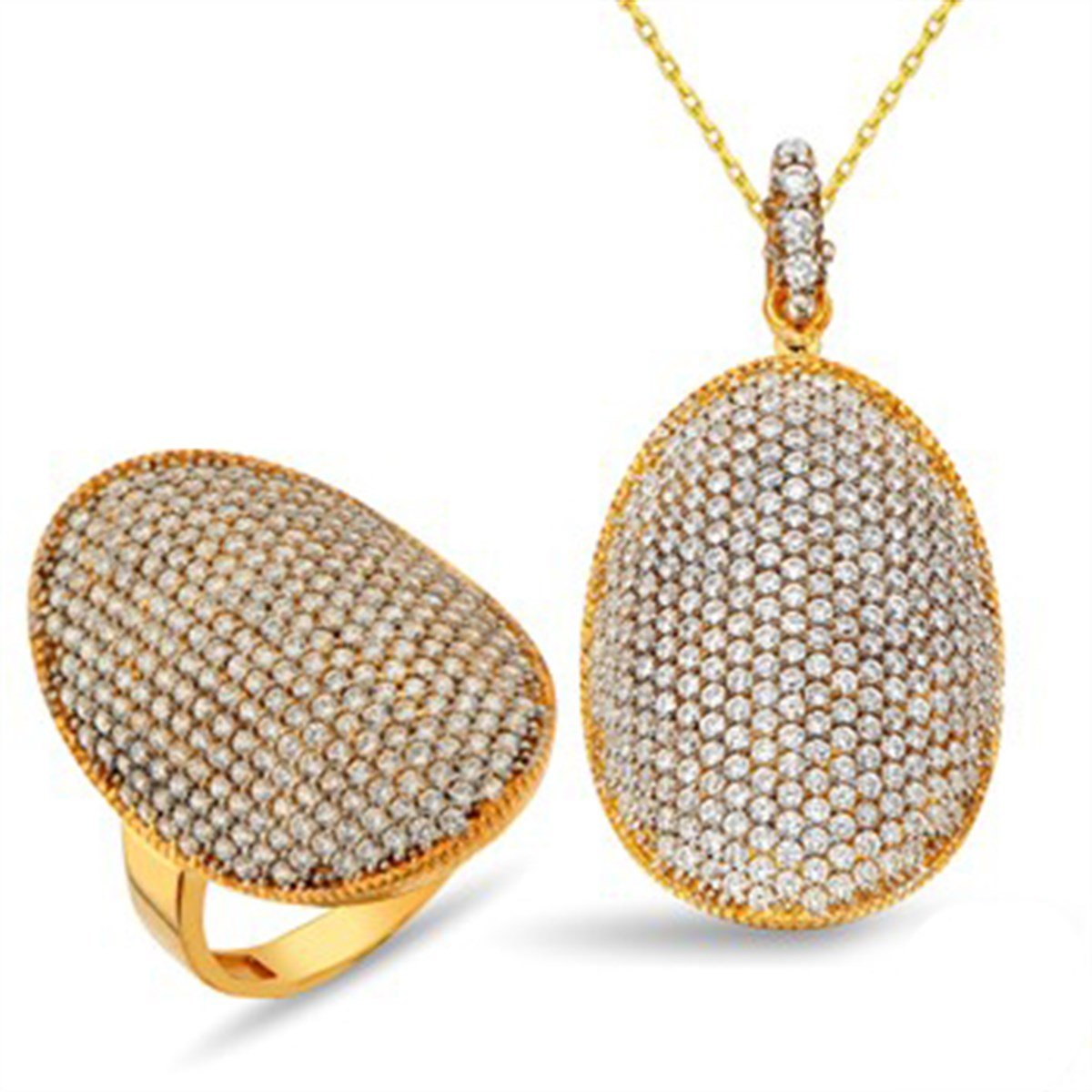 Zirkon taşlı 925 Ayar Gümüş Altın Kaplama Bayan Yüzük ve Kolye Kombin