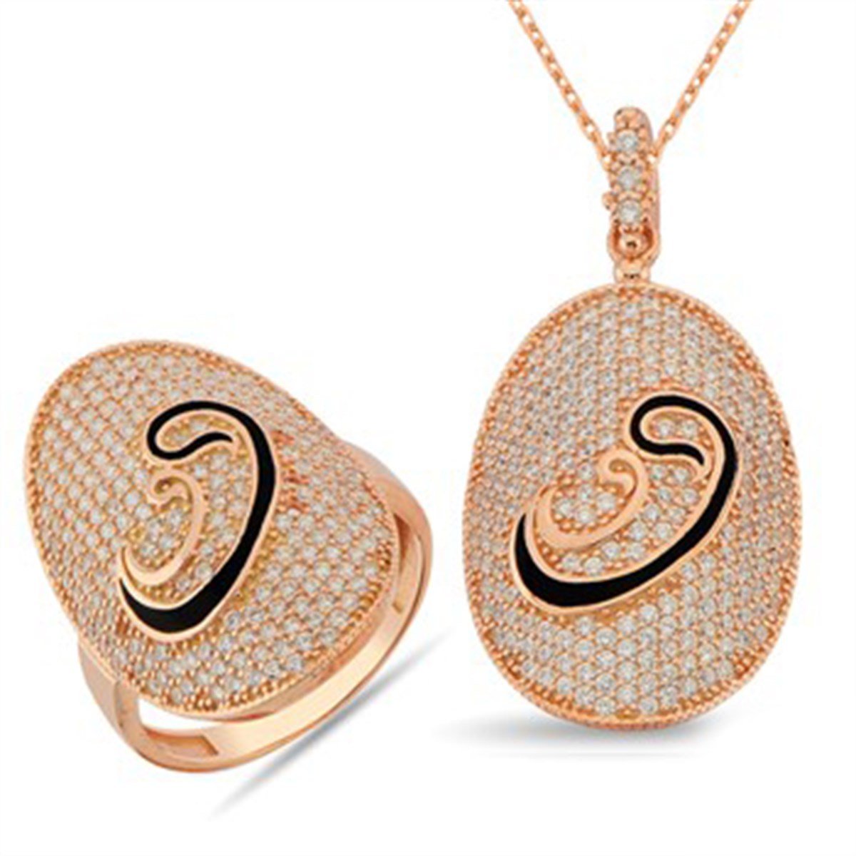 Zirkon taşlı 925 Ayar Gümüş Roz Kaplamalı Vav Bayan Kolye ve Yüzük Kombin