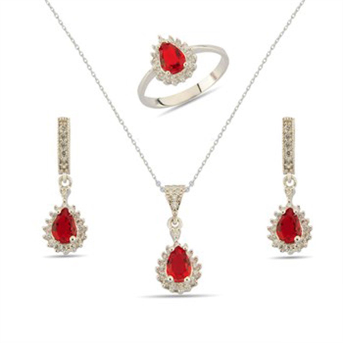 Zirkon Taşlı Beyaz Altın Kaplamalı Gümüş Kırmızı Damla Modeli Takı Seti