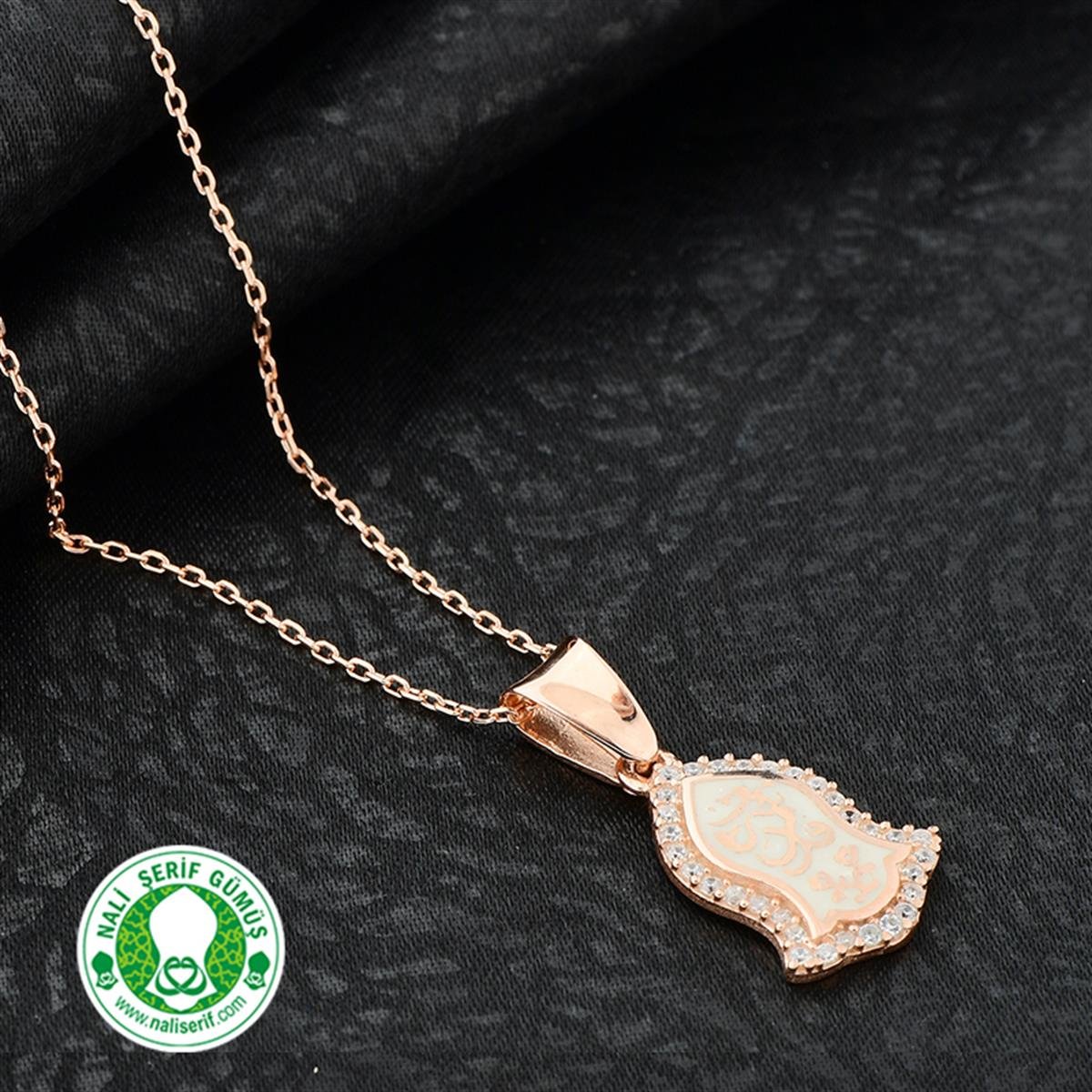 Zirkon Taşlı Beyaz Mineli Roz Kaplamalı Gümüş Nali Şerif Bayan Kolye