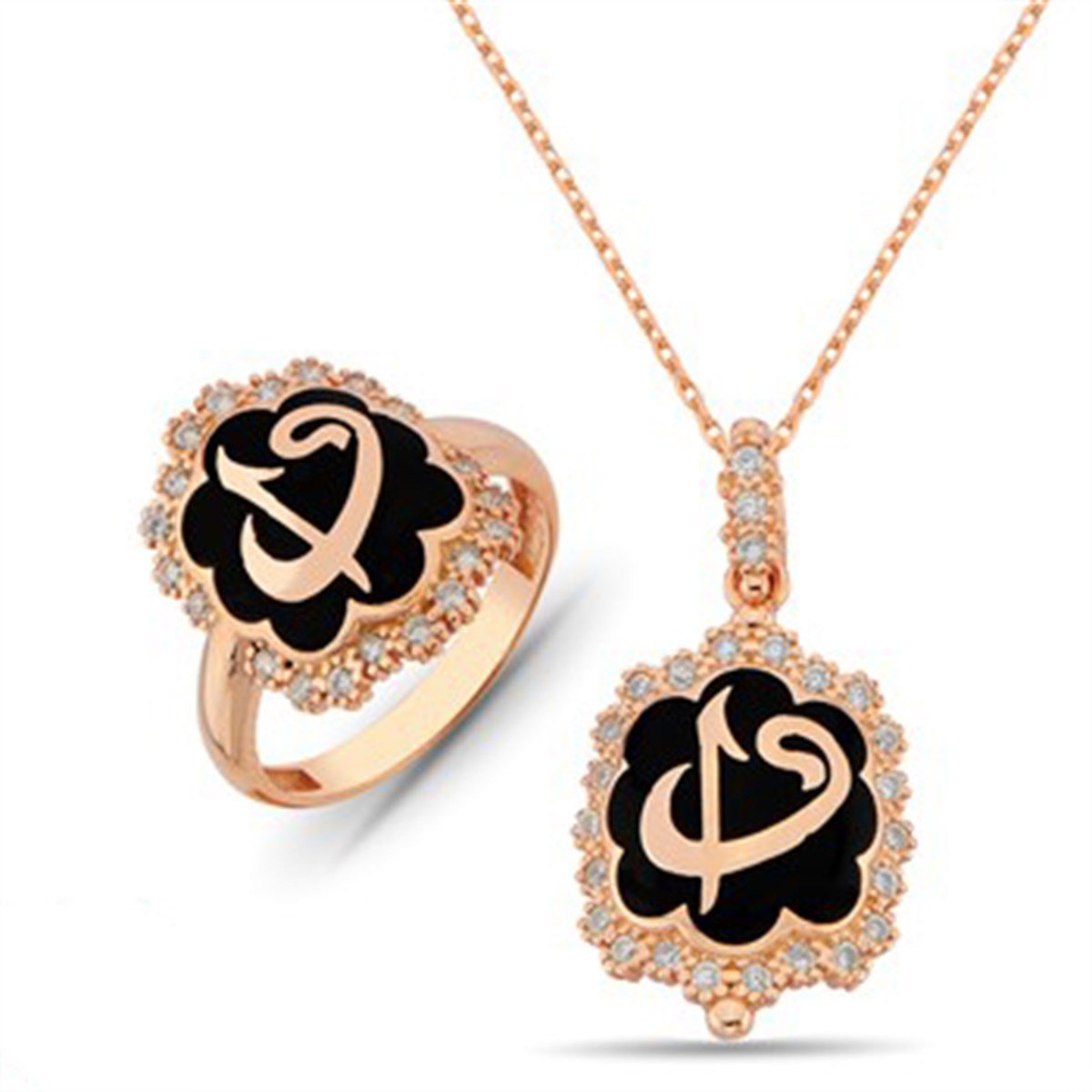 Zirkon taşlı Roz kaplamalı 925 ayar gümüş Elif Vav bayan kolye ucu zinciri ve yüzük kombin