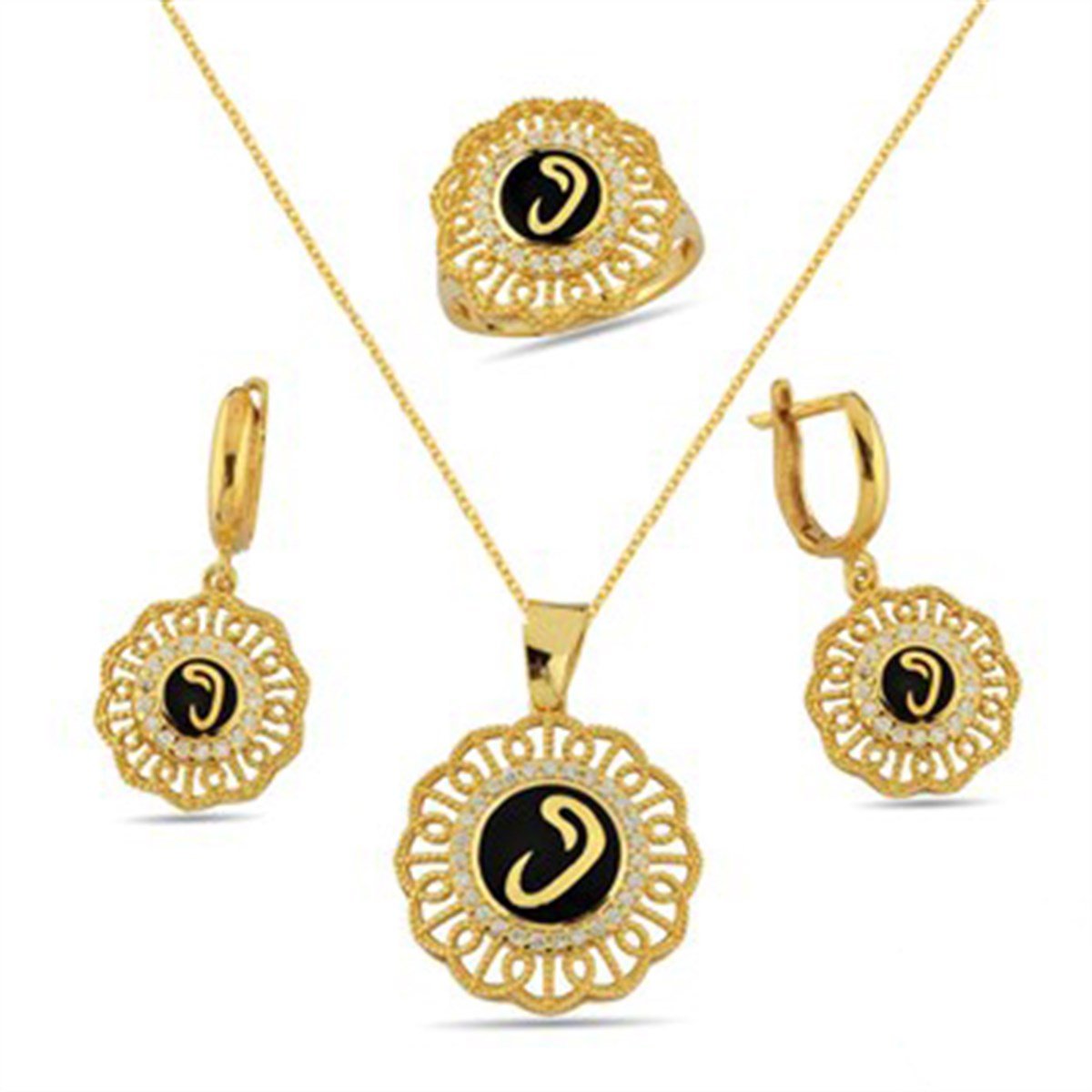 Zirkon Taşlı Siyah Lazer Mineli Altın Kaplamalı Gümüş Vav Takı Seti