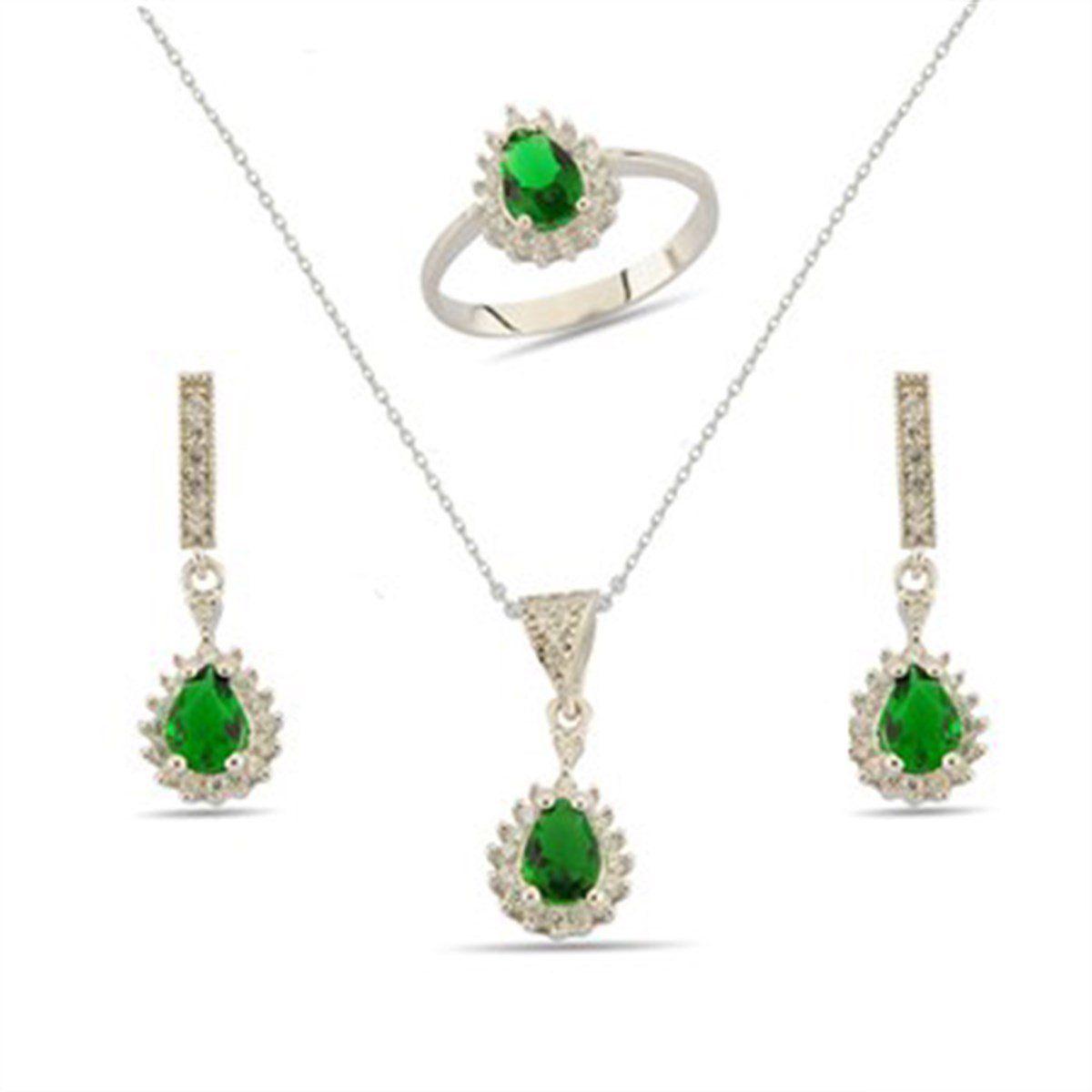 Zirkon Taşlı Zümrüt Yeşili Beyaz Altın Kaplamalı Gümüş Damla Modeli Takı Seti