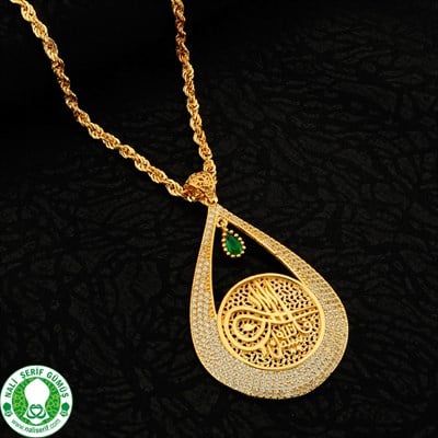 Zümrüt Yeşil Taşlı Altın Kaplamalı Osmanlı Tuğralı 925 Ayar Gümüş Kolye ve Zinciri