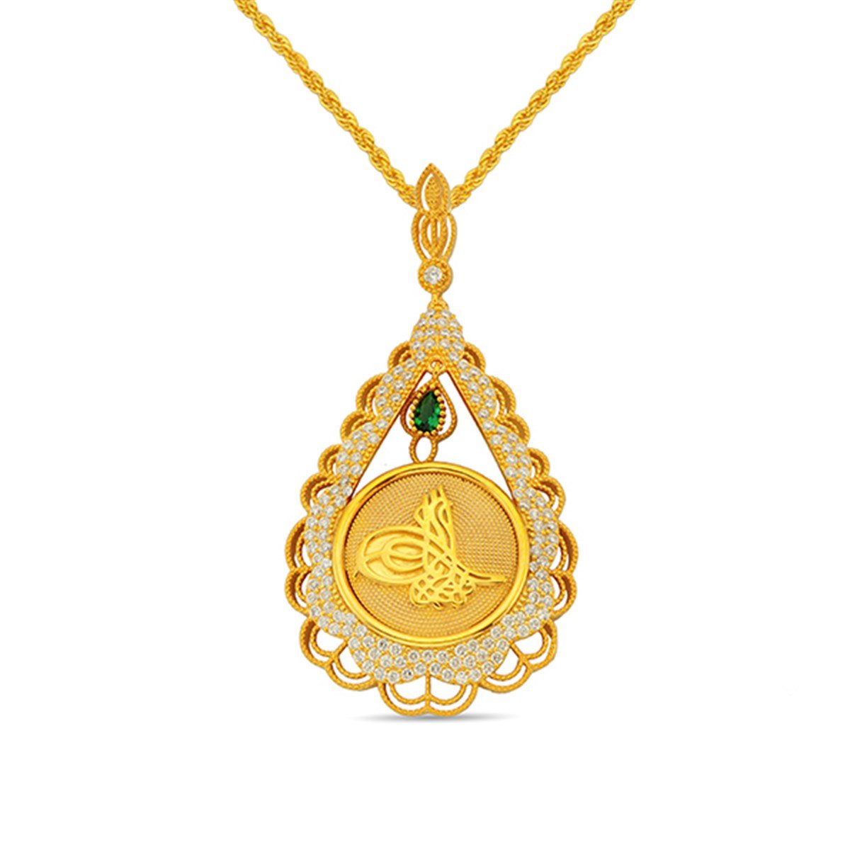Zümrüt Yeşil Taşlı Altın Kaplamalı Osmanlı Tuğralı 925 Ayar Gümüş Kolye ve Zinciri