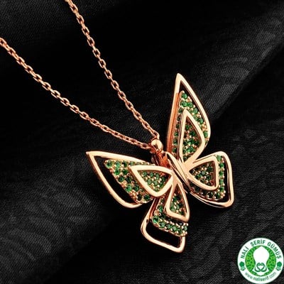 Zümrüt Yeşil Taşlı Kelebek Roz Kapalama Gümüş Bayan Kolyesi