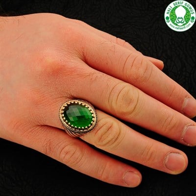 Zümrüt Yeşil Taşlı Kristal Kesimli 925 Ayar Gümüş Erkek Yüzük