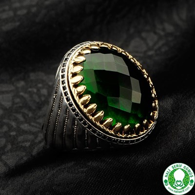 Zümrüt Yeşil Taşlı Kristal Kesimli 925 Ayar Gümüş Erkek Yüzük