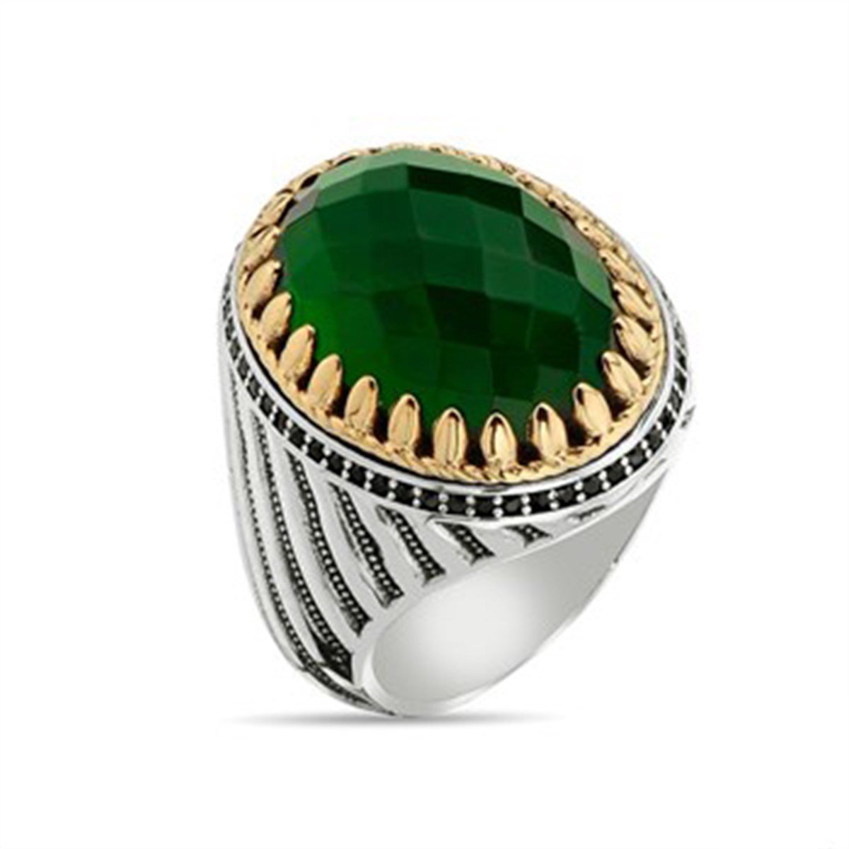 Zümrüt Yeşil Taşlı Kristal Kesimli 925 Ayar Gümüş Erkek Yüzük