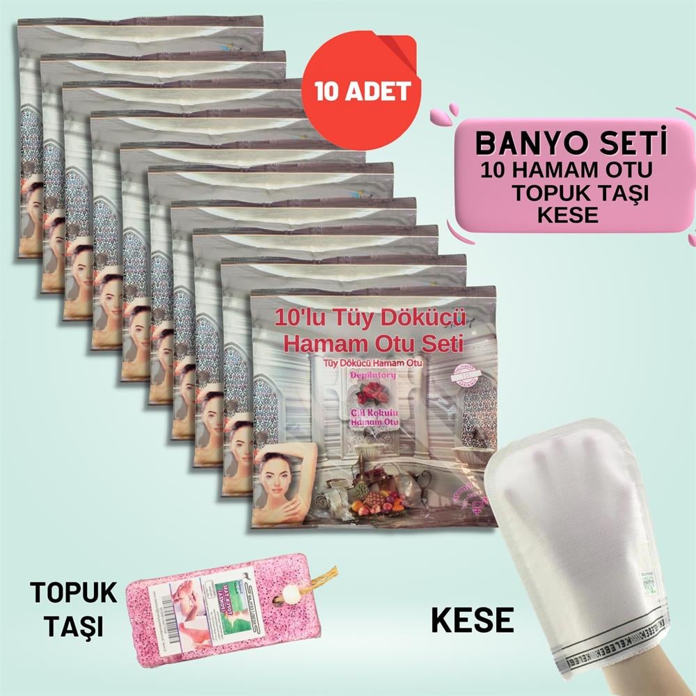 10 Paket Hamam Otu Toz Tüy Dökücü + Hamam Kesesi + Topuk Taşı Banyo Seti