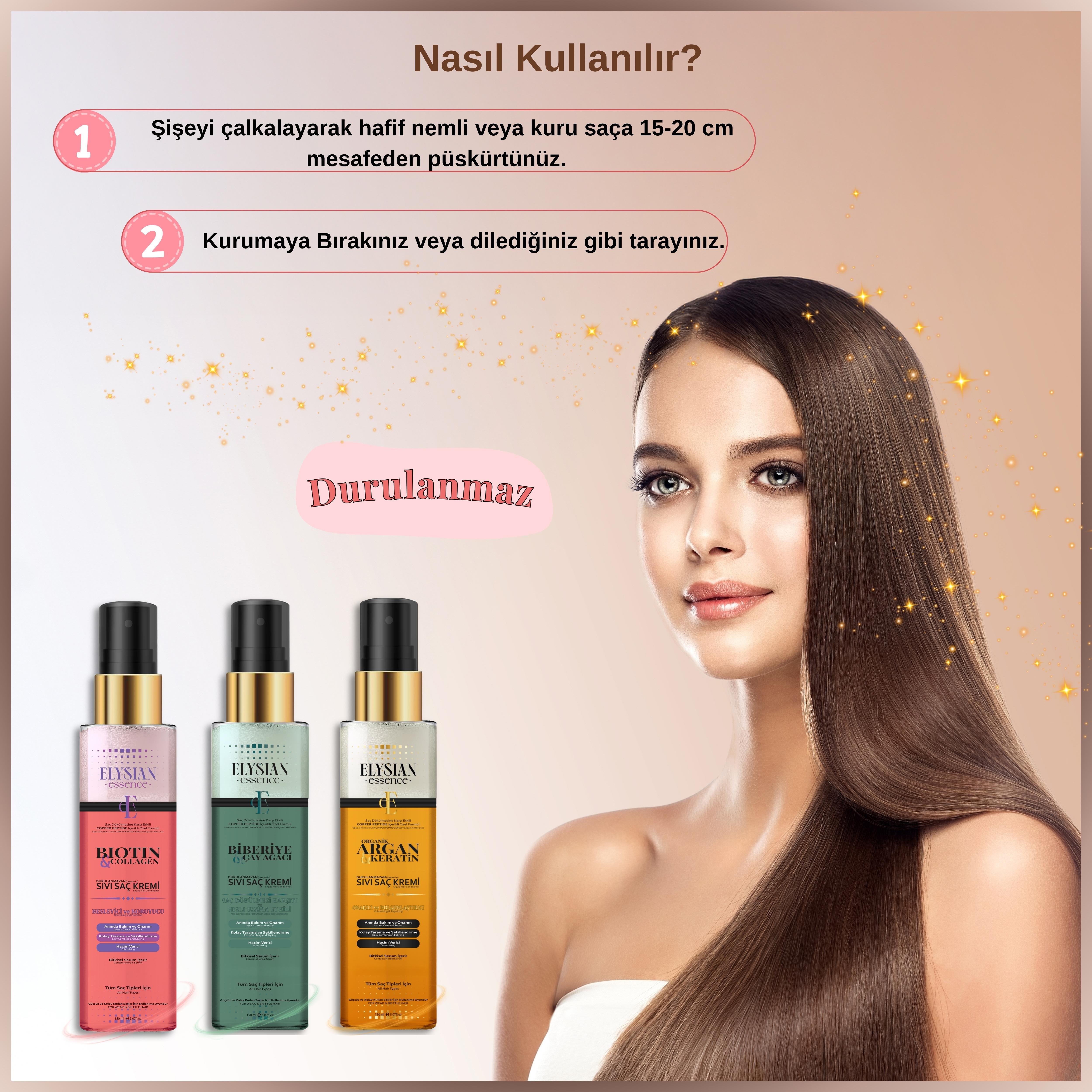 Elysian Essence 3'lü Sıvı Saç Kremi Seti - Biotin & Collagen - Organik Argan & Keratin - Biberiye & Çay Ağacı Durulanmayan, Saç Dökülmesi Karşıtı, Hızlı Uzama Etkili Bakım Spreyi