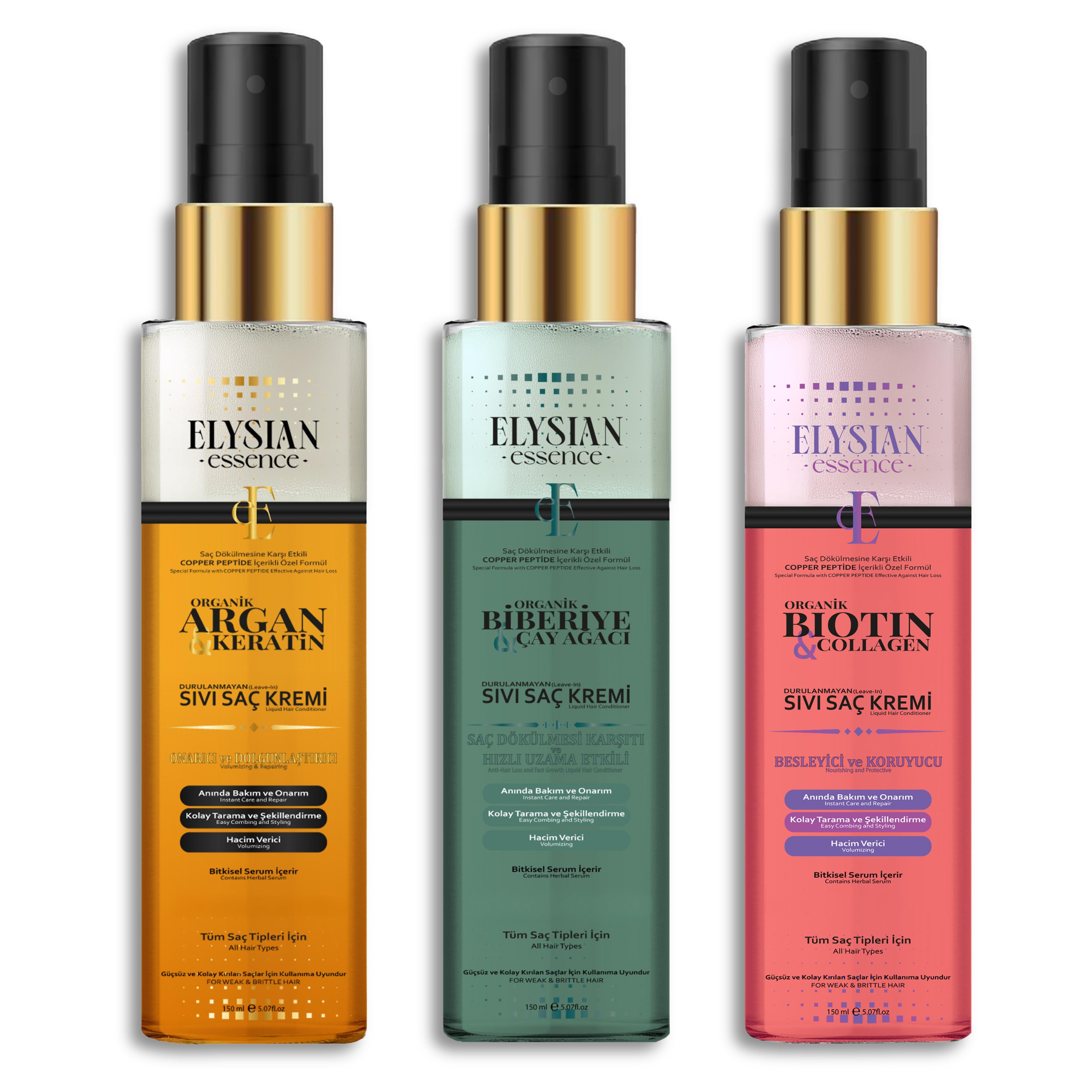 Elysian Essence 3'lü Sıvı Saç Kremi Seti - Biotin & Collagen - Organik Argan & Keratin - Biberiye & Çay Ağacı Durulanmayan, Saç Dökülmesi Karşıtı, Hızlı Uzama Etkili Bakım Spreyi