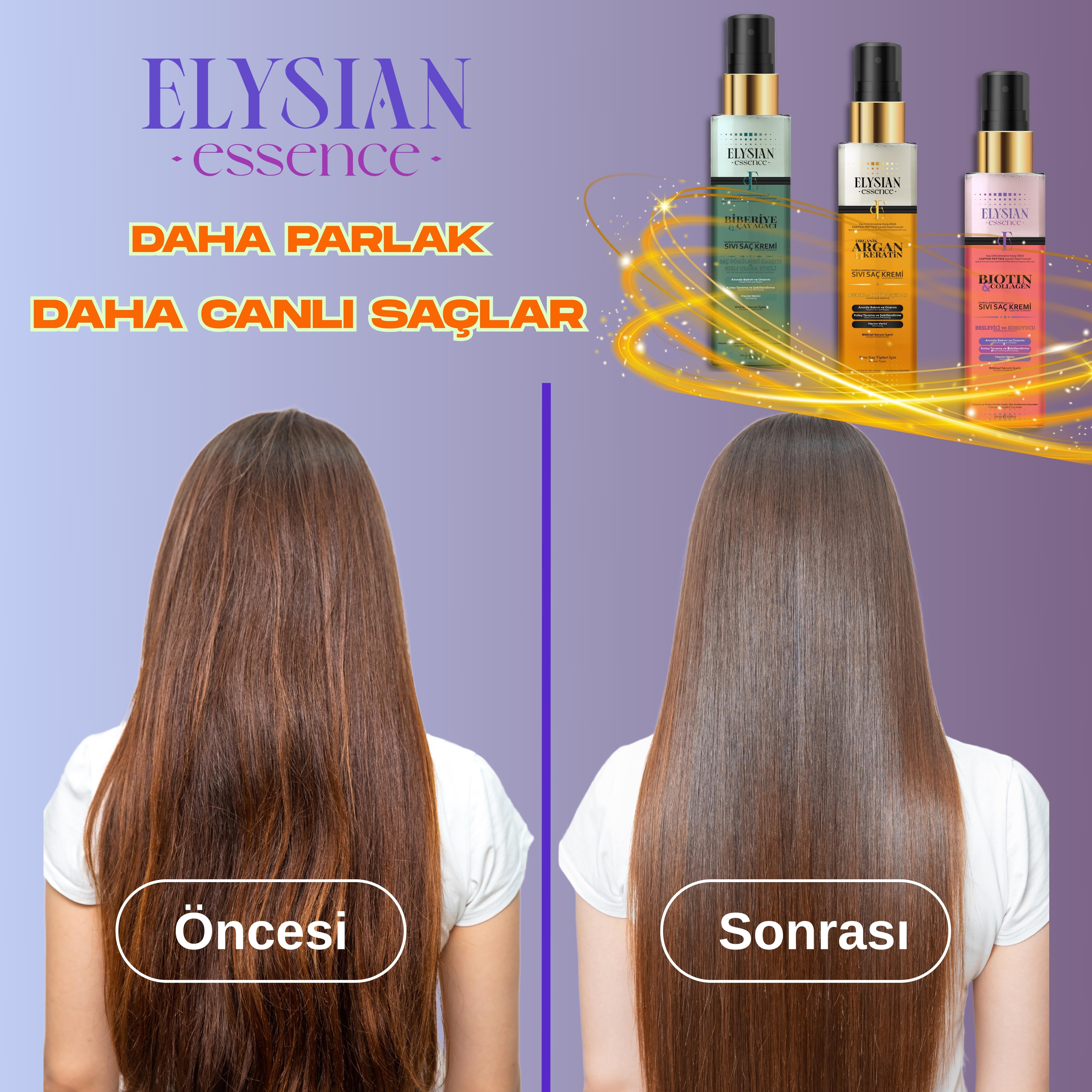 Elysian Essence 3'lü Sıvı Saç Kremi Seti - Biotin & Collagen - Organik Argan & Keratin - Biberiye & Çay Ağacı Durulanmayan, Saç Dökülmesi Karşıtı, Hızlı Uzama Etkili Bakım Spreyi