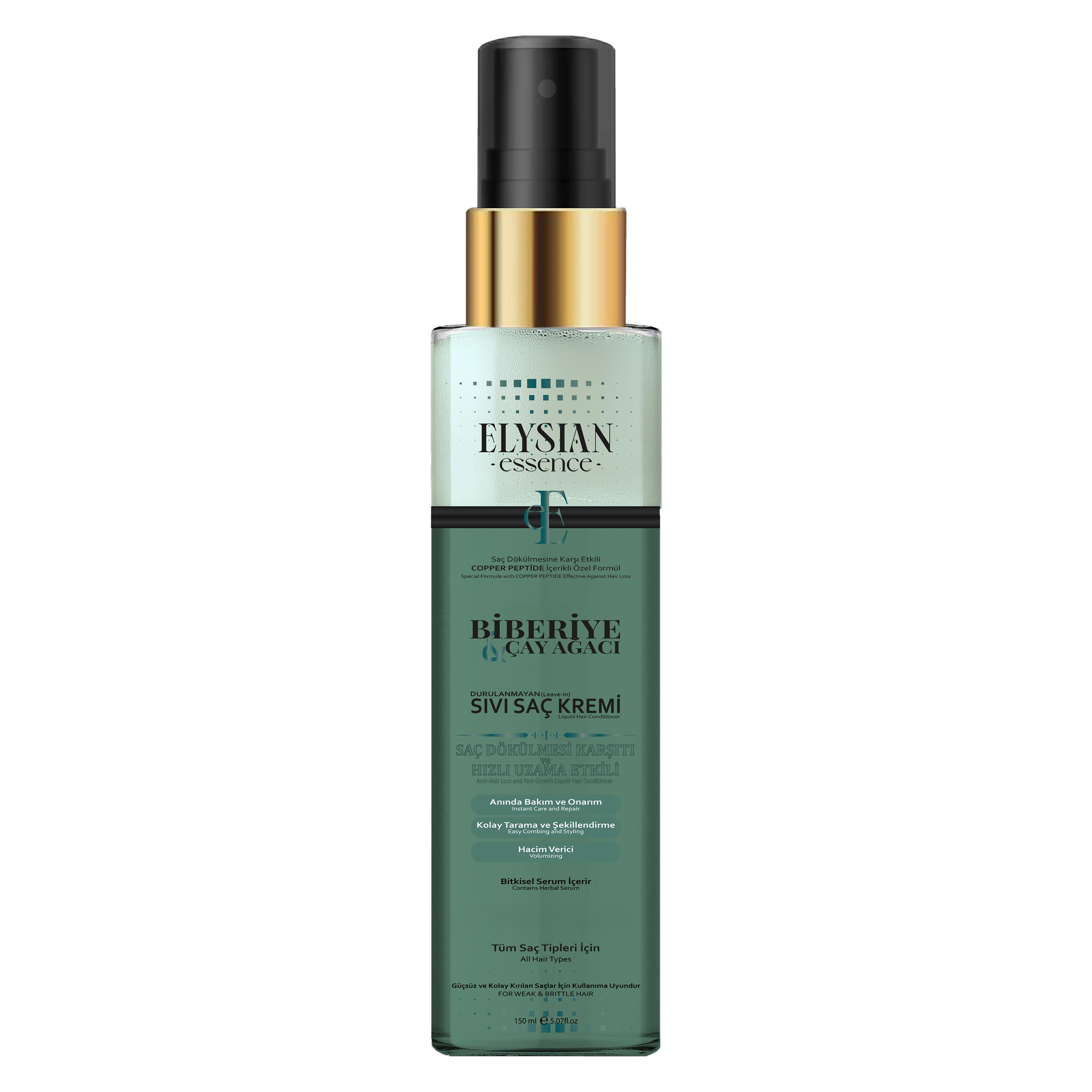 Elysian Essence Biberiye & Çay Ağacı Sıvı Saç Kremi – Durulanmayan, Saç Dökülmesine Karşı, Hızlı Uzama Etkili Bakım Spreyi 150 ML