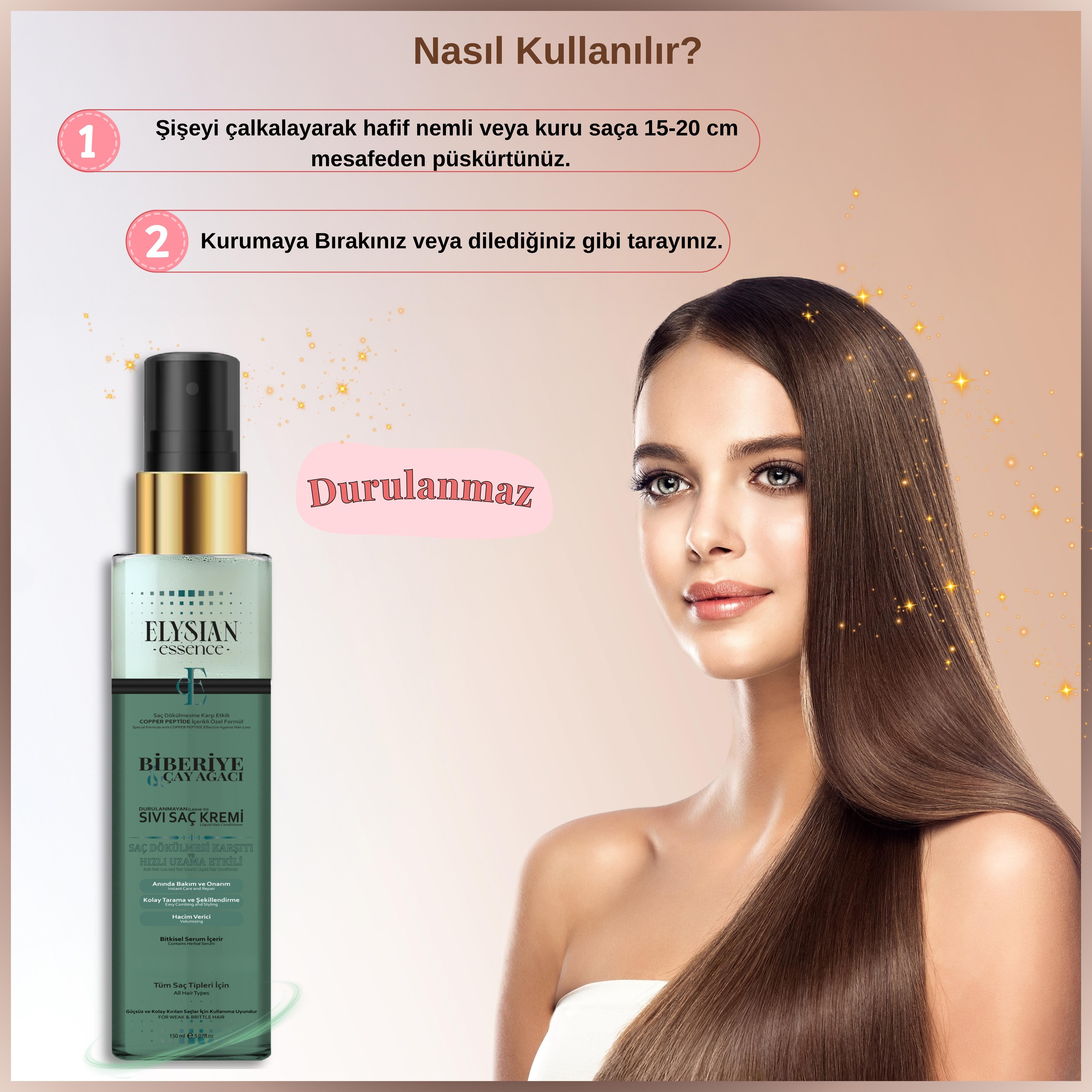 Elysian Essence Biberiye & Çay Ağacı Sıvı Saç Kremi – Durulanmayan, Saç Dökülmesine Karşı, Hızlı Uzama Etkili Bakım Spreyi 150 ML