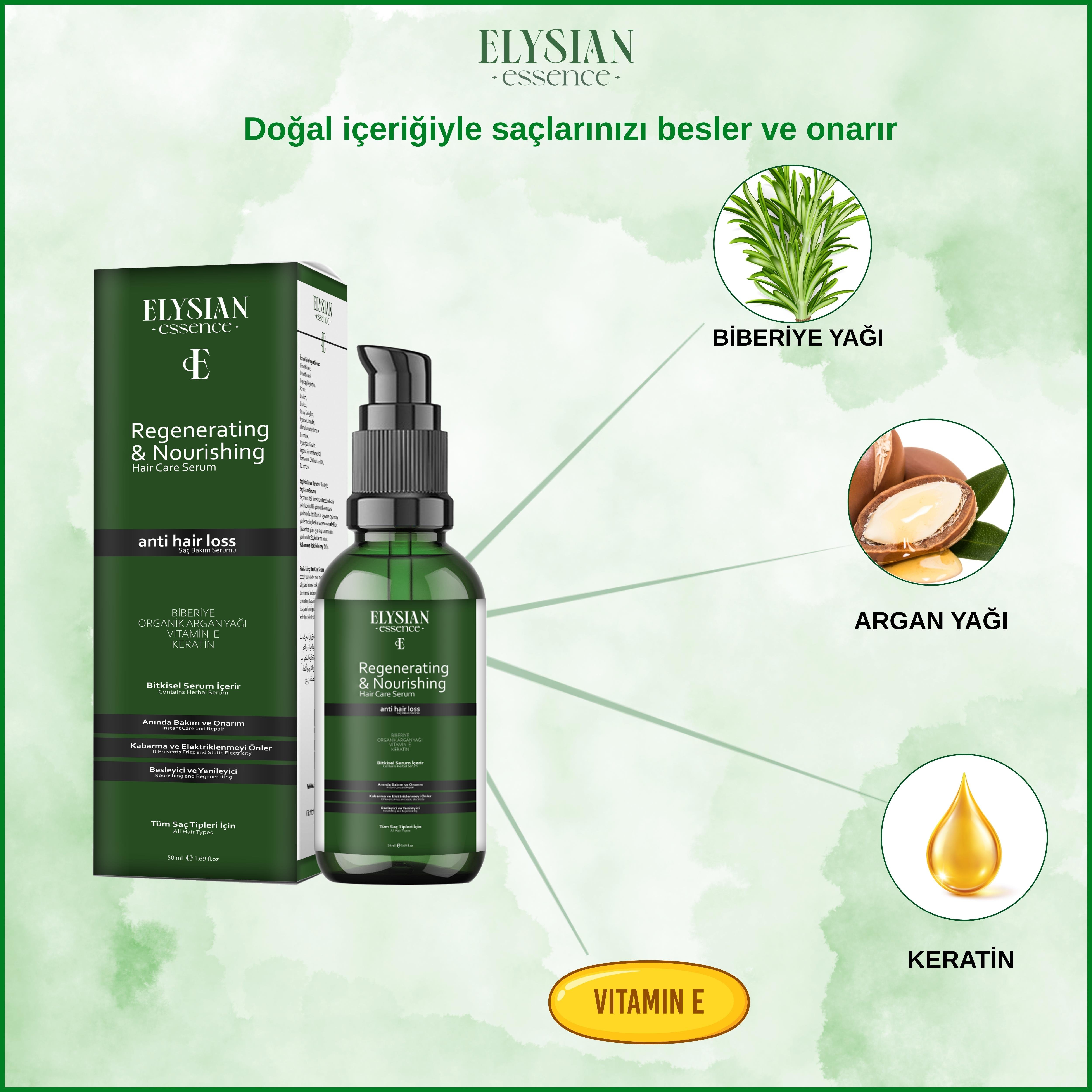 Elysian Essence Biberiyeli Saç Serumu Hızlı Uzama Etkili ve Dökülmeye Karşı - Organik Argan Yağı, Vitamin E, Keratin