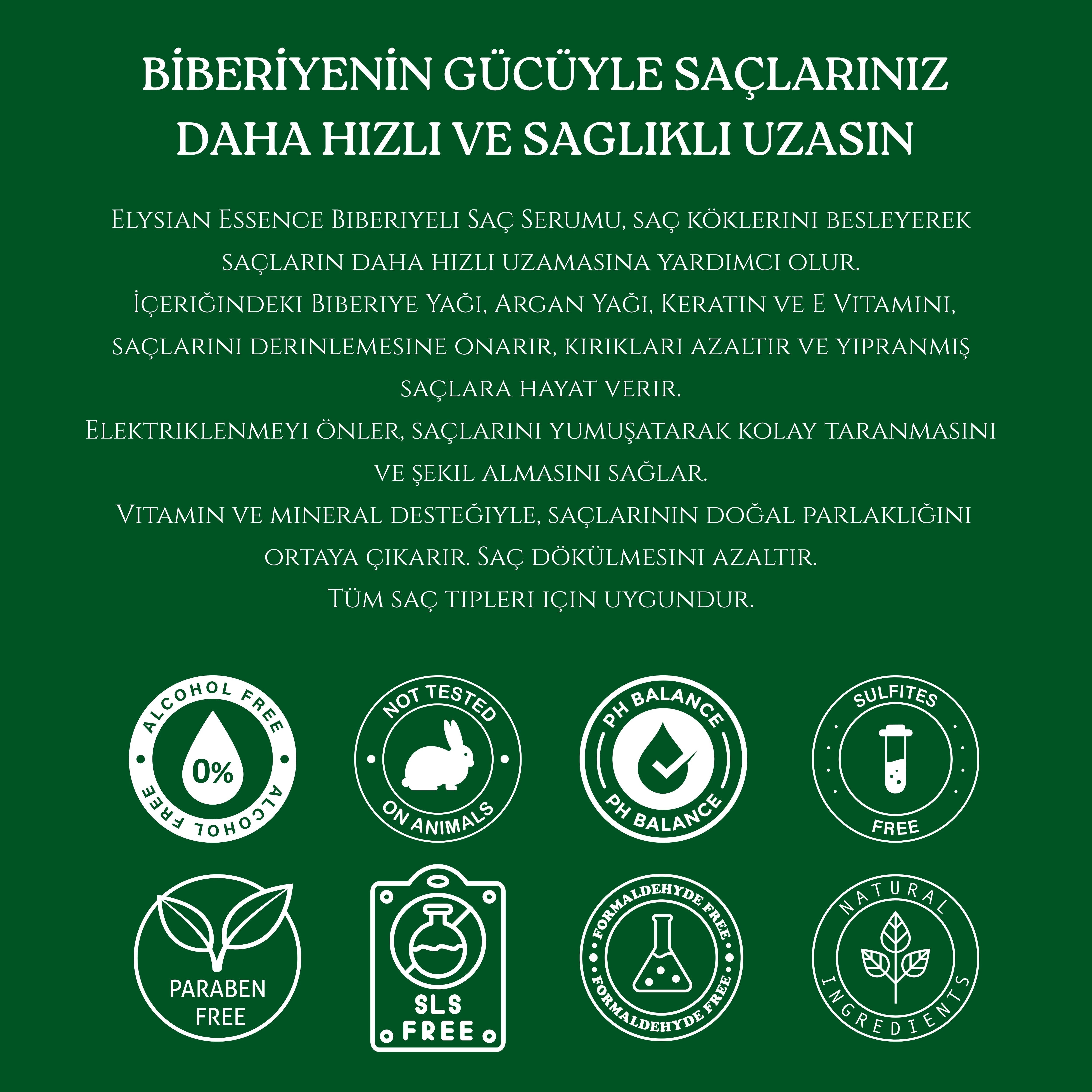 Elysian Essence Biberiyeli Saç Serumu Hızlı Uzama Etkili ve Dökülmeye Karşı - Organik Argan Yağı, Vitamin E, Keratin