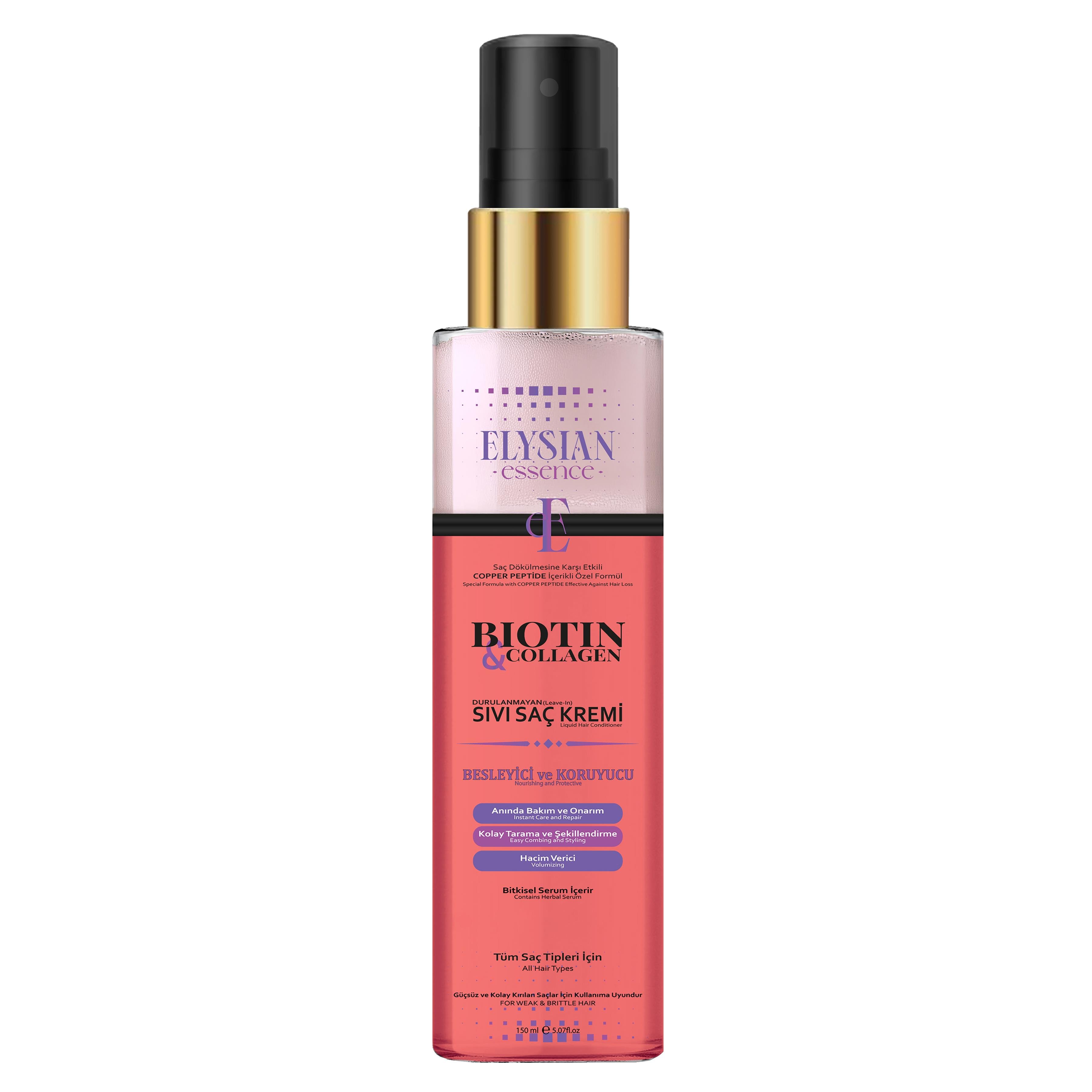 Elysian Essence Biotin & Collagen Sıvı Saç Kremi – Dökülme Karşıtı, Durulanmayan Sprey, Hızlı Uzatma Etkili, Besleyici ve Koruyucu 150 ML