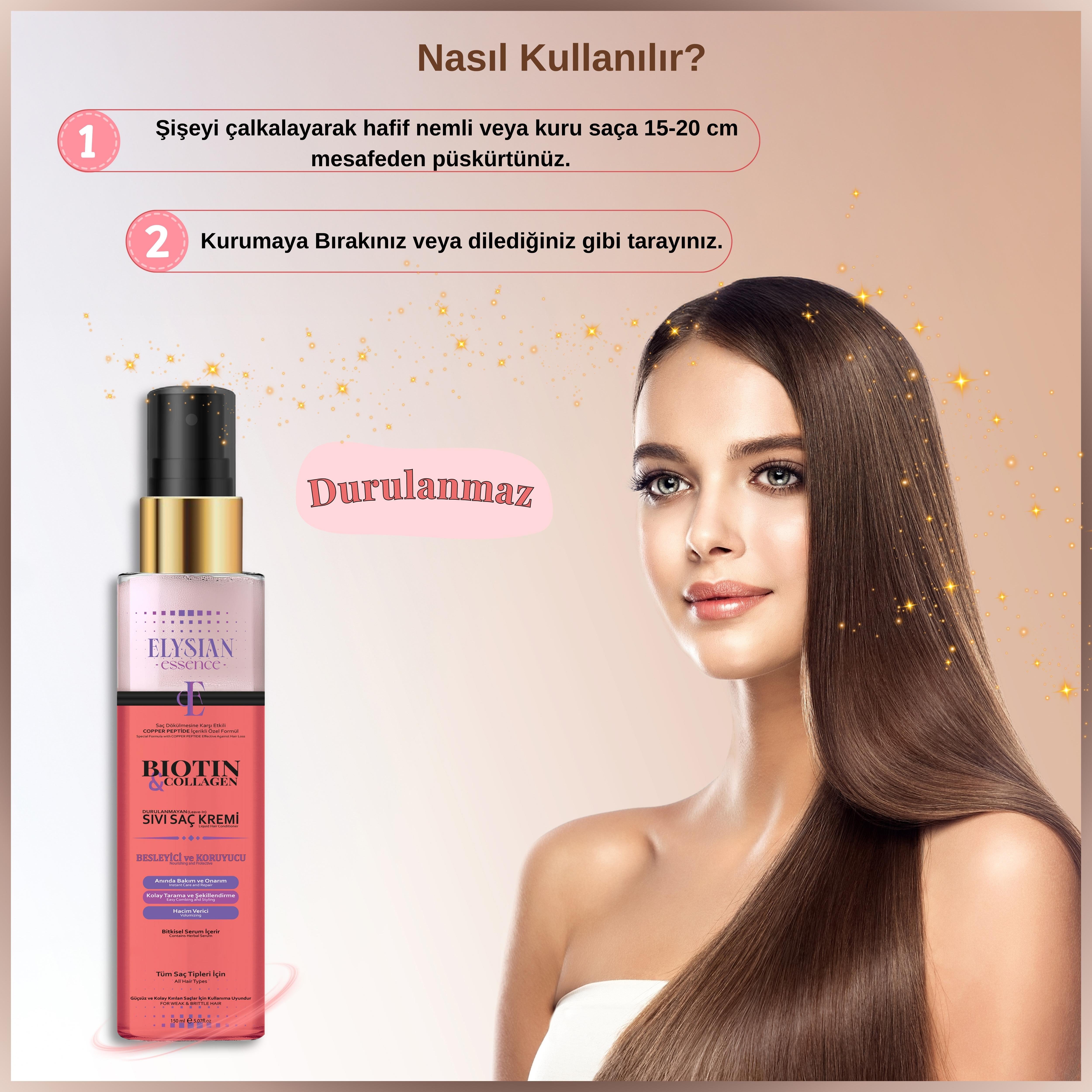 Elysian Essence Biotin & Collagen Sıvı Saç Kremi – Dökülme Karşıtı, Durulanmayan Sprey, Hızlı Uzatma Etkili, Besleyici ve Koruyucu 150 ML