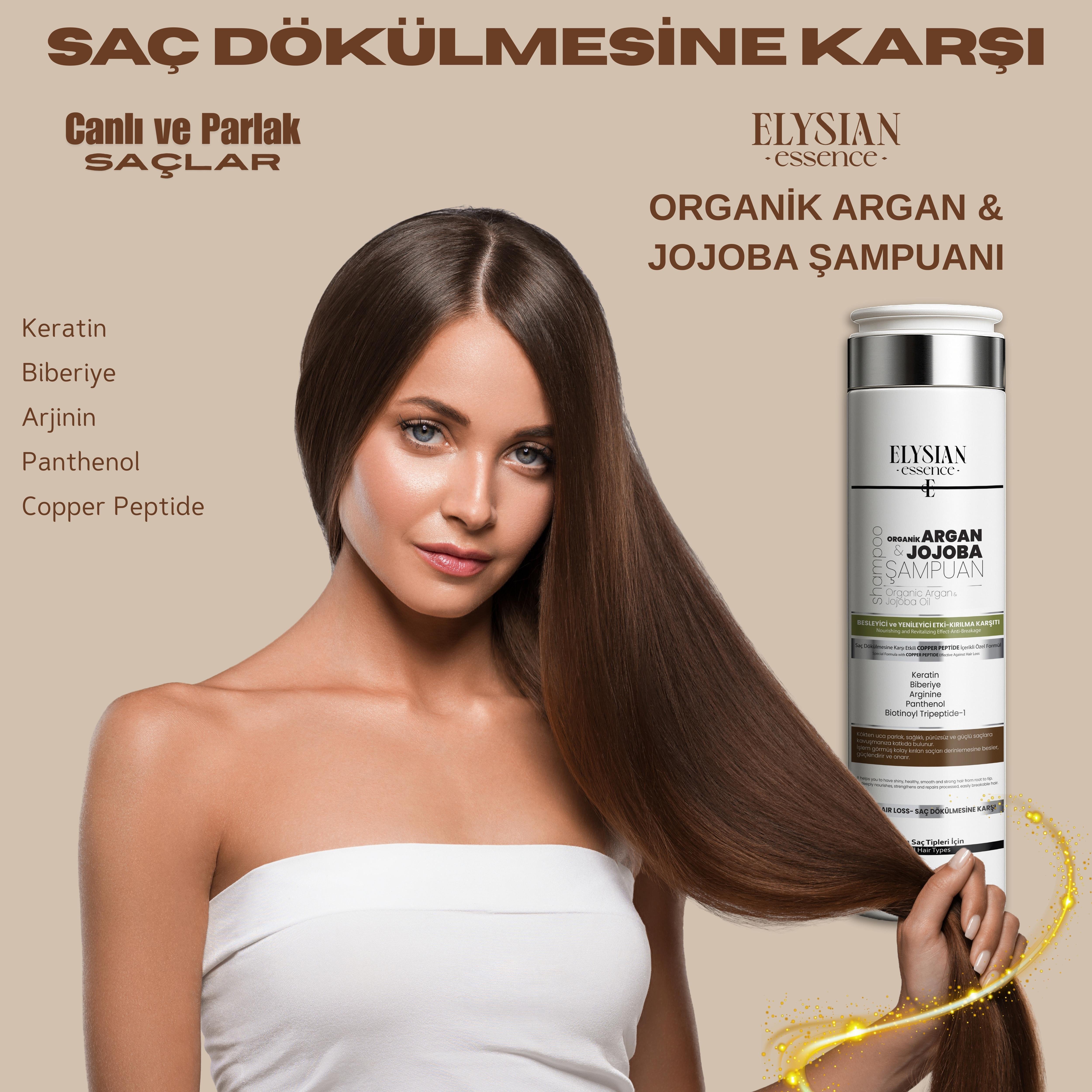 Elysian Essence Organik Argan & Jojoba Şampuanı | Copper Peptidli Saç Bakımı | Besleyici ve Yenileyici Etki - Kırılma Karşıtı 300 ml