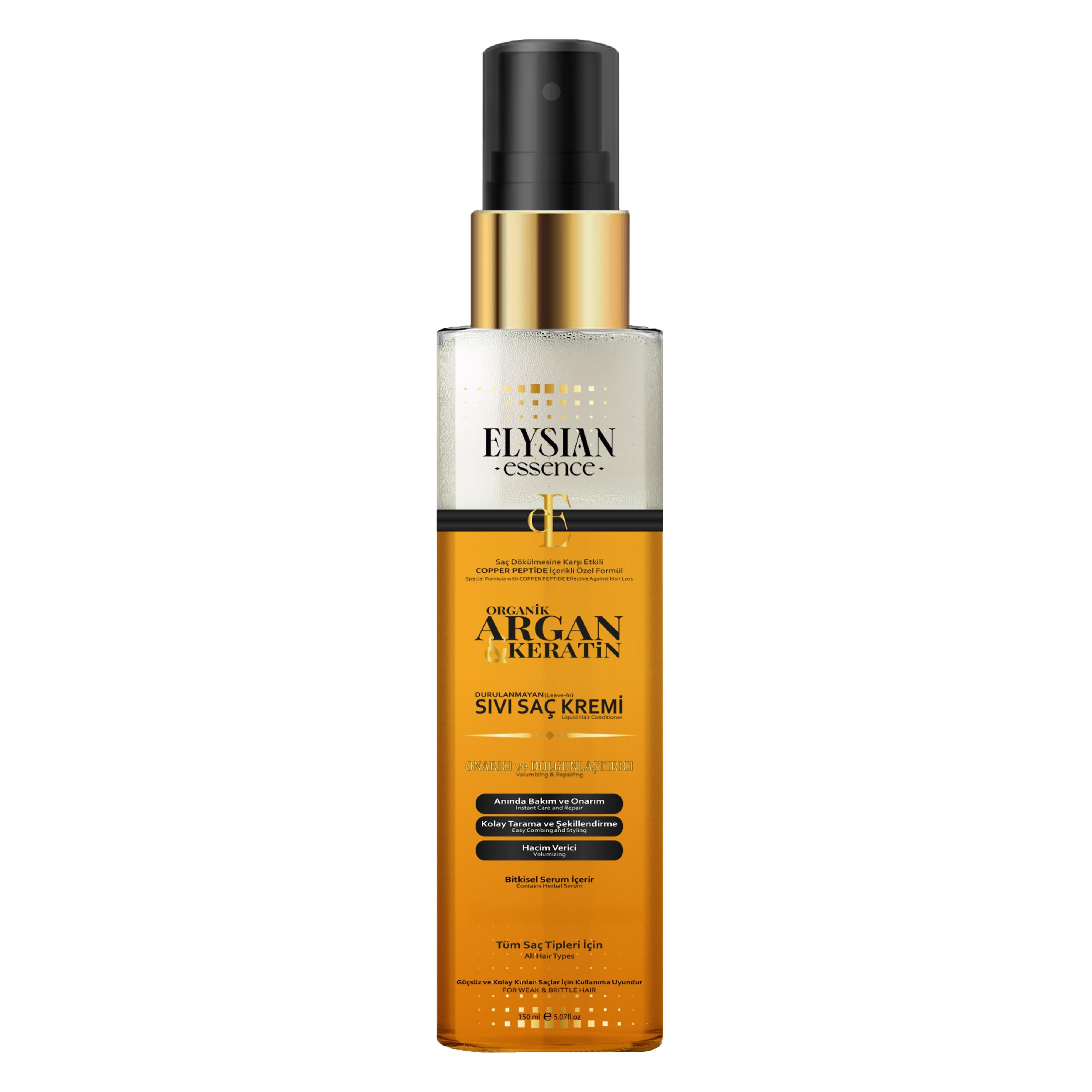 Elysian Essence Organik Argan & Keratin Sıvı Saç Kremi – Durulanmayan, Dökülme Karşıtı, Onarıcı ve Dolgunlaştırıcı Bakım Spreyi 150 ML