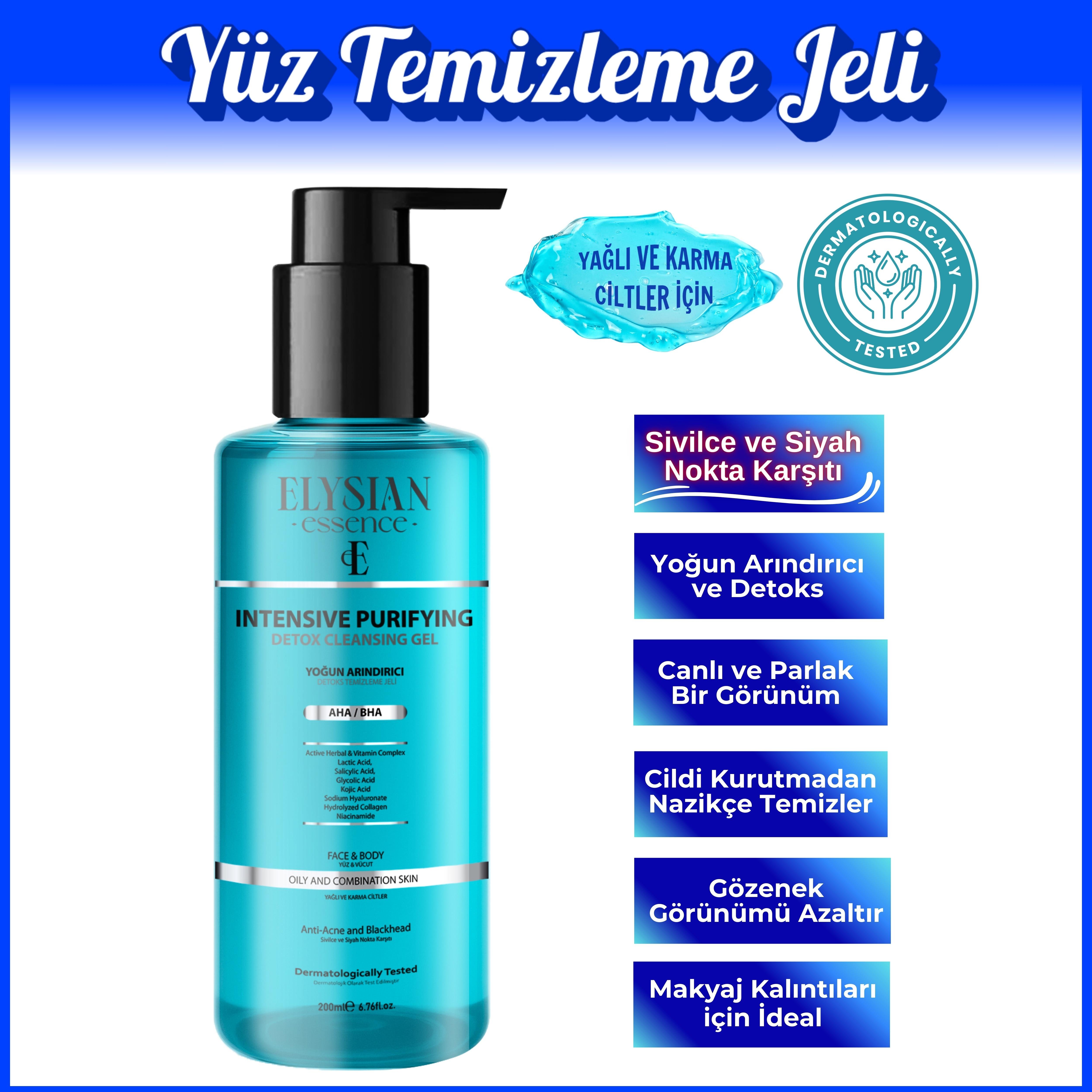 Elysian Essence Yoğun Arındırıcı Detoks Yüz Temizleme Jeli - Sivilce ve Siyah Nokta Karşıtı - AHA BHA - Kojik Asit 200 ml