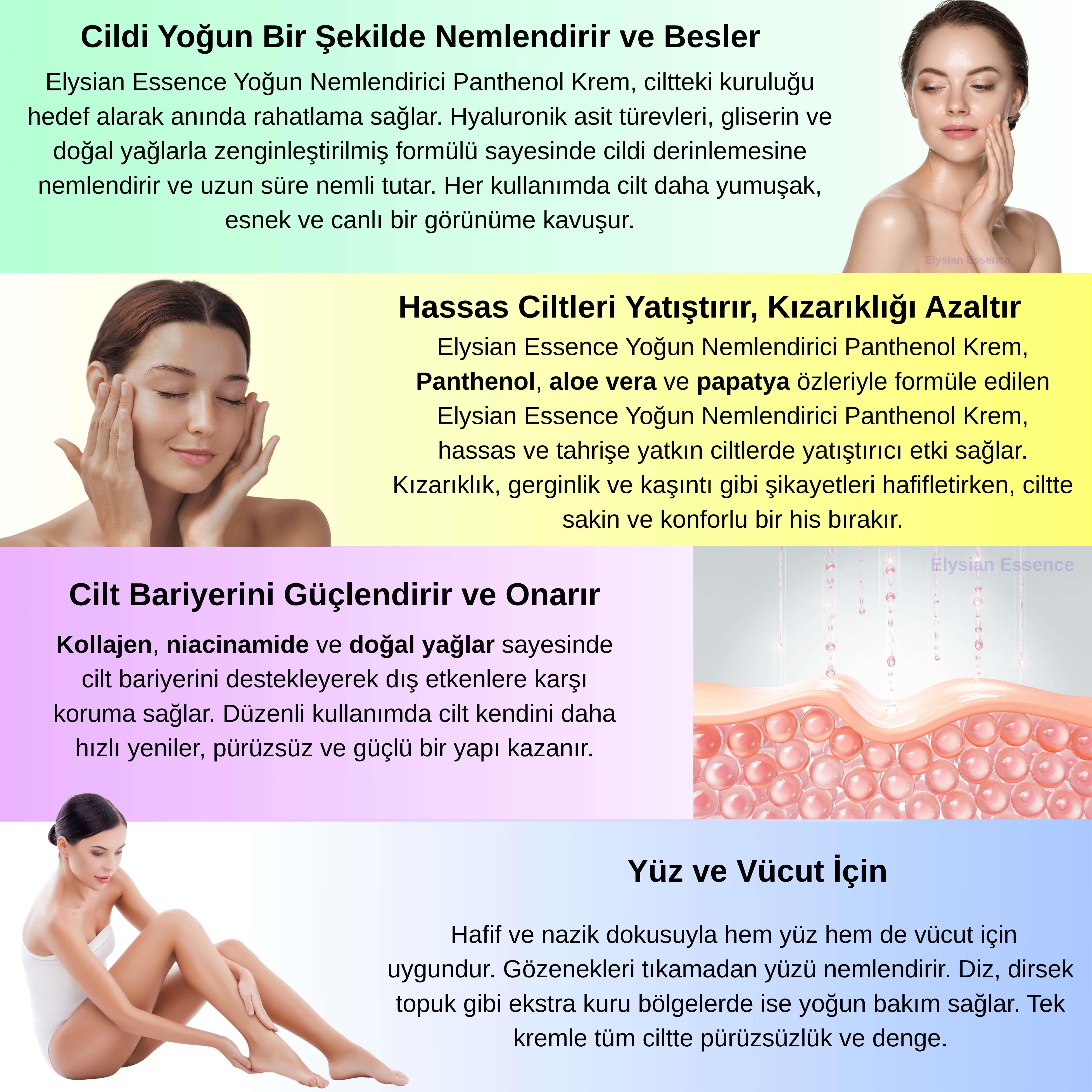 Elysian Essence Yoğun Nemlendirici Panthenol Yüz ve Vücut Kremi 150 ML | Kuru ve Hassas Ciltlere 24 Saat Bakım - Organik Argan Yağı, Shea Butter Yağı, Propolis ve Collagen İçerikli