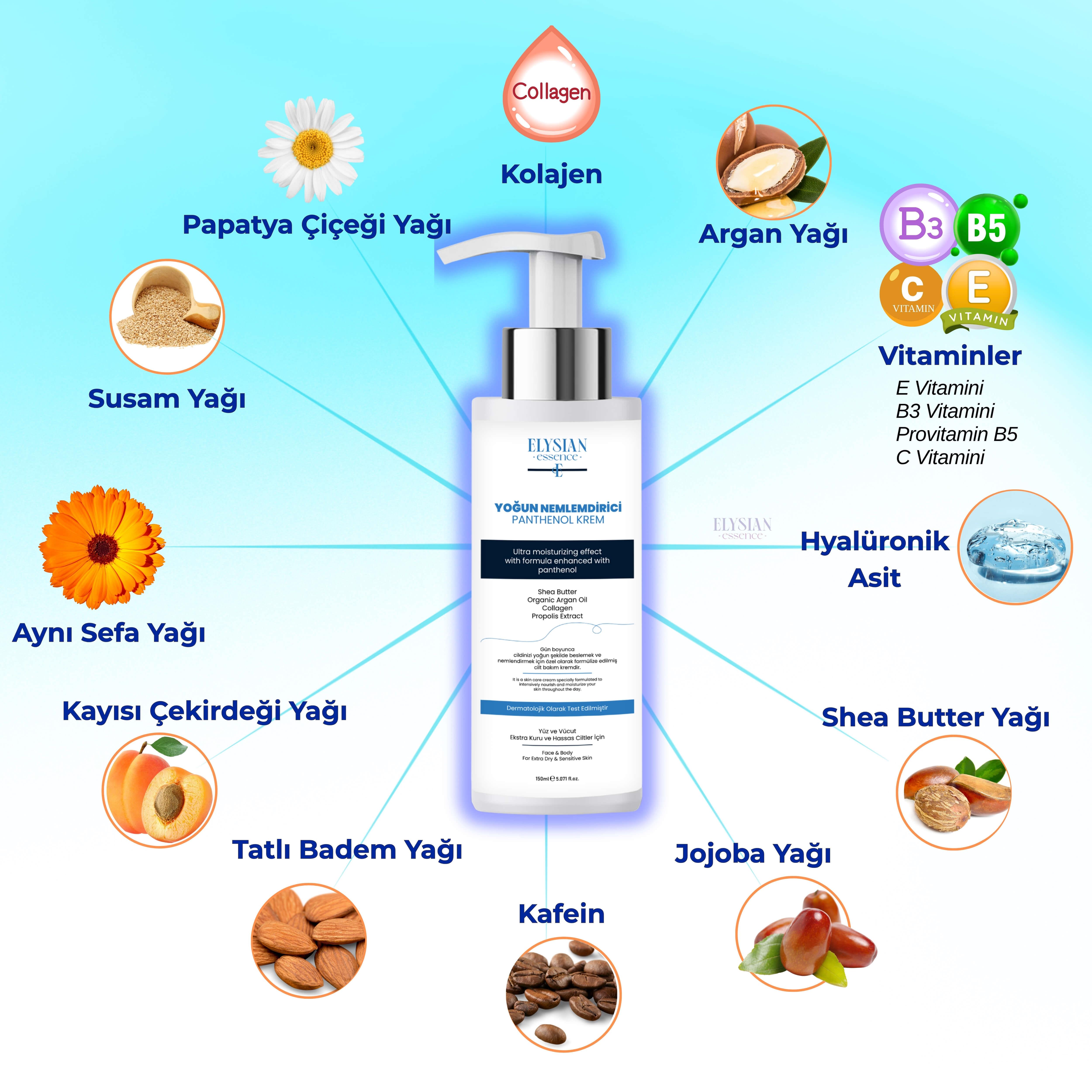Elysian Essence Yoğun Nemlendirici Panthenol Yüz ve Vücut Kremi 150 ML | Kuru ve Hassas Ciltlere 24 Saat Bakım - Organik Argan Yağı, Shea Butter Yağı, Propolis ve Collagen İçerikli