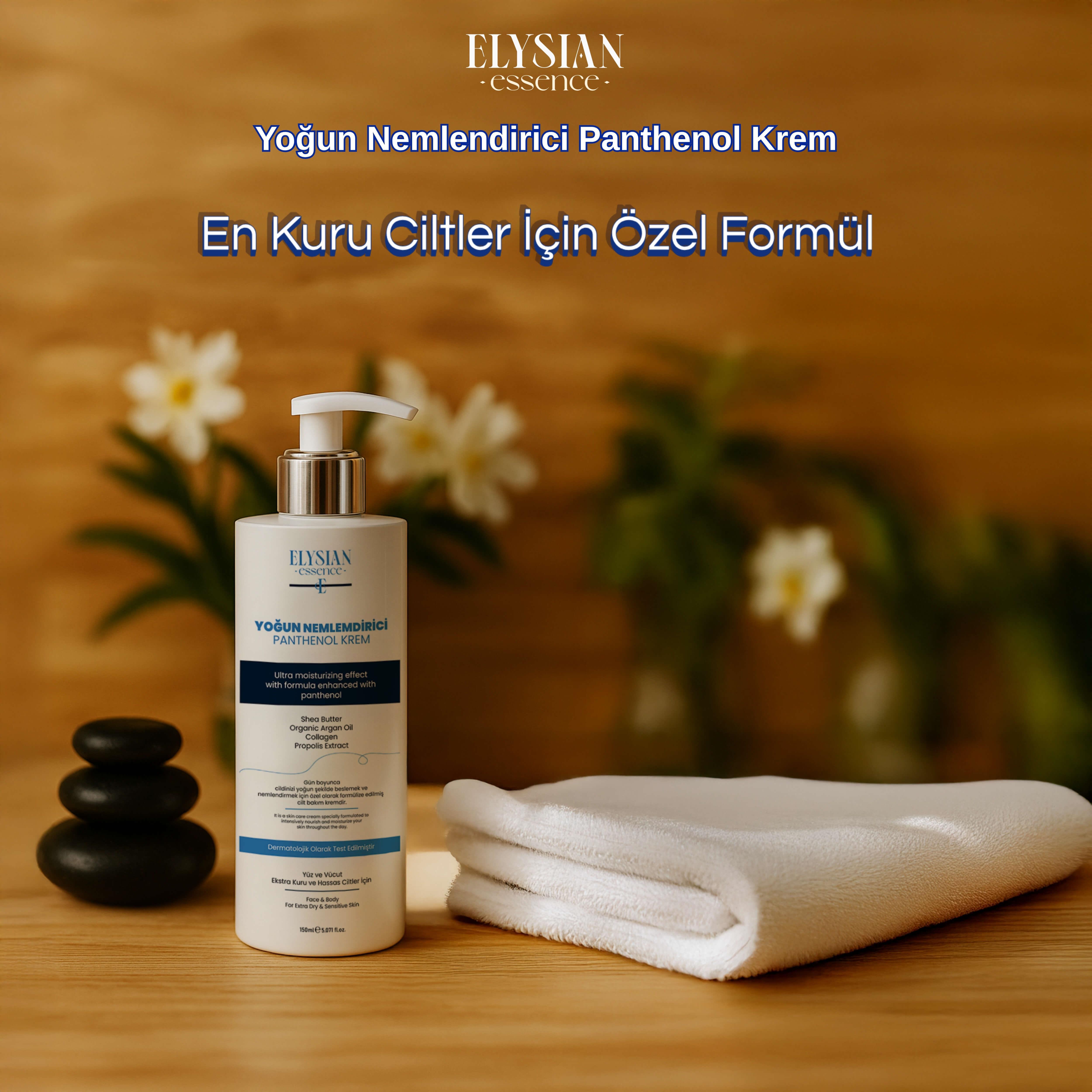 Elysian Essence Yoğun Nemlendirici Panthenol Yüz ve Vücut Kremi 150 ML | Kuru ve Hassas Ciltlere 24 Saat Bakım - Organik Argan Yağı, Shea Butter Yağı, Propolis ve Collagen İçerikli