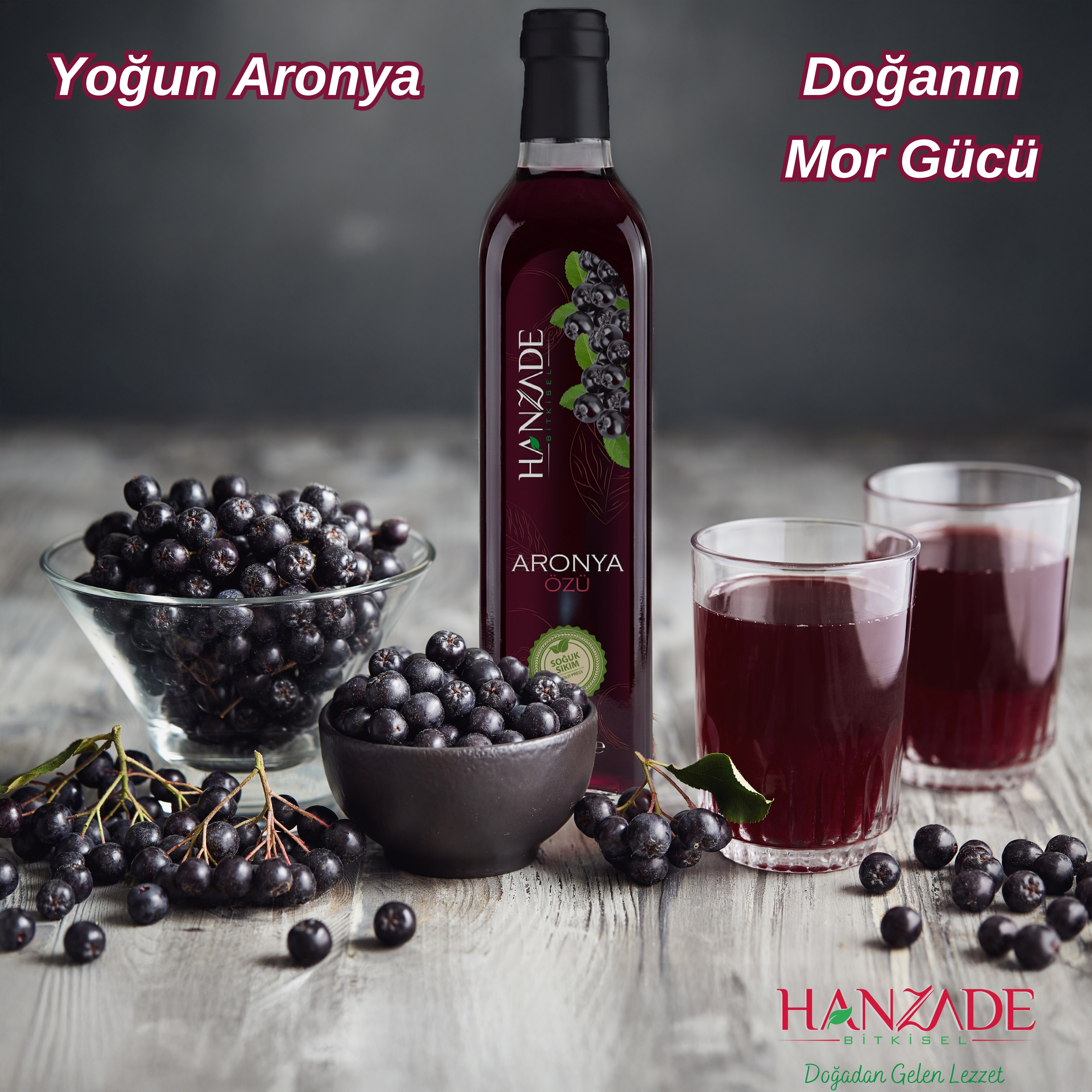Hanzade Bitkisel Aronya Özü 500 ml – Soğuk Pres, Yoğun Tat, Cam Şişe