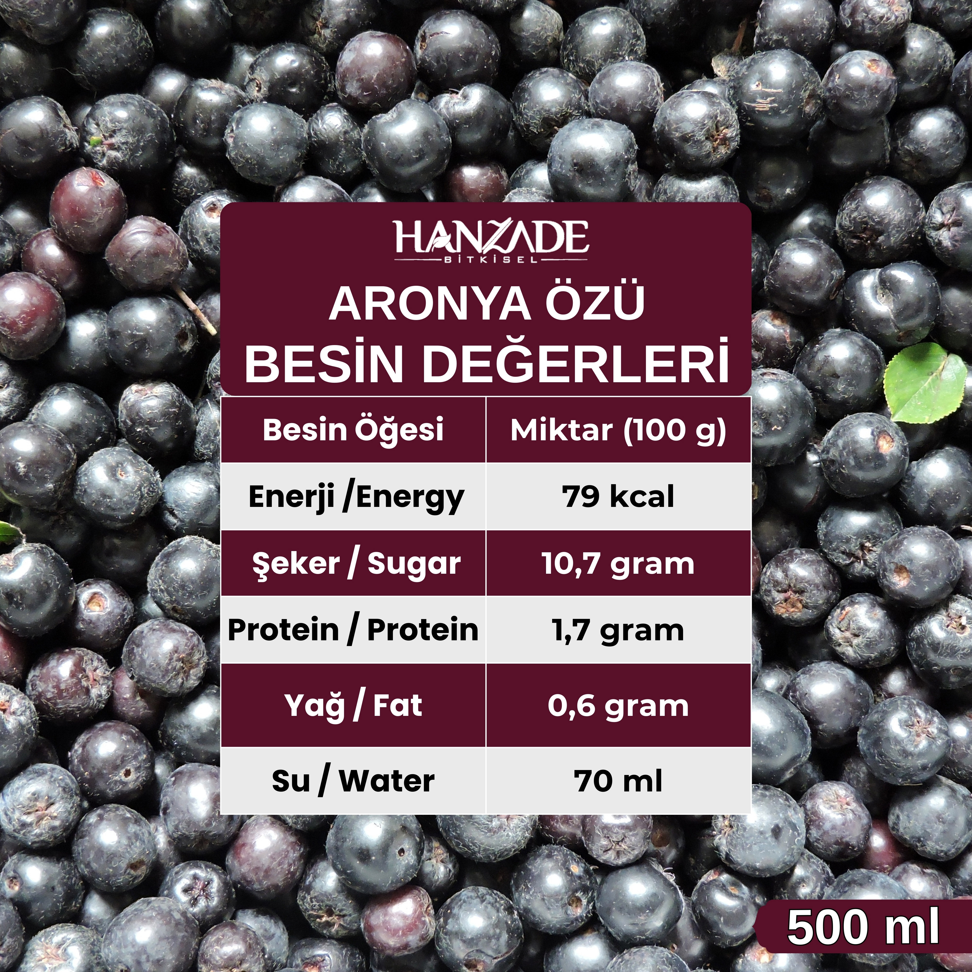Hanzade Bitkisel Aronya Özü 500 ml – Soğuk Pres, Yoğun Tat, Cam Şişe