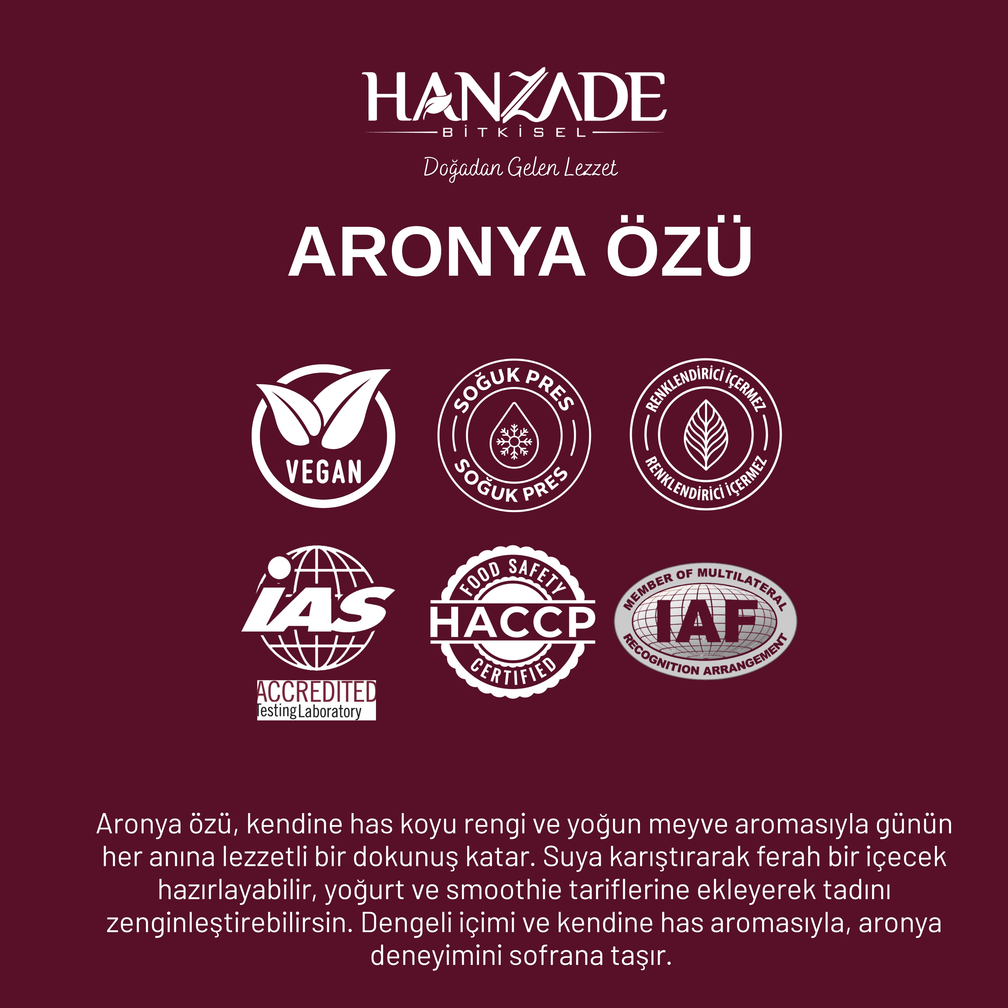 Hanzade Bitkisel Aronya Özü 500 ml – Soğuk Pres, Yoğun Tat, Cam Şişe