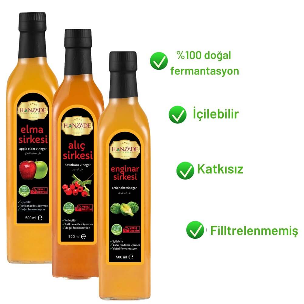Hanzade Bitkisel Elma + Alıç + Enginar Sirkesi 500 Ml 3'lü Set Doğal Fermantasyon Içilebilir Katkısız Cam Şişe
